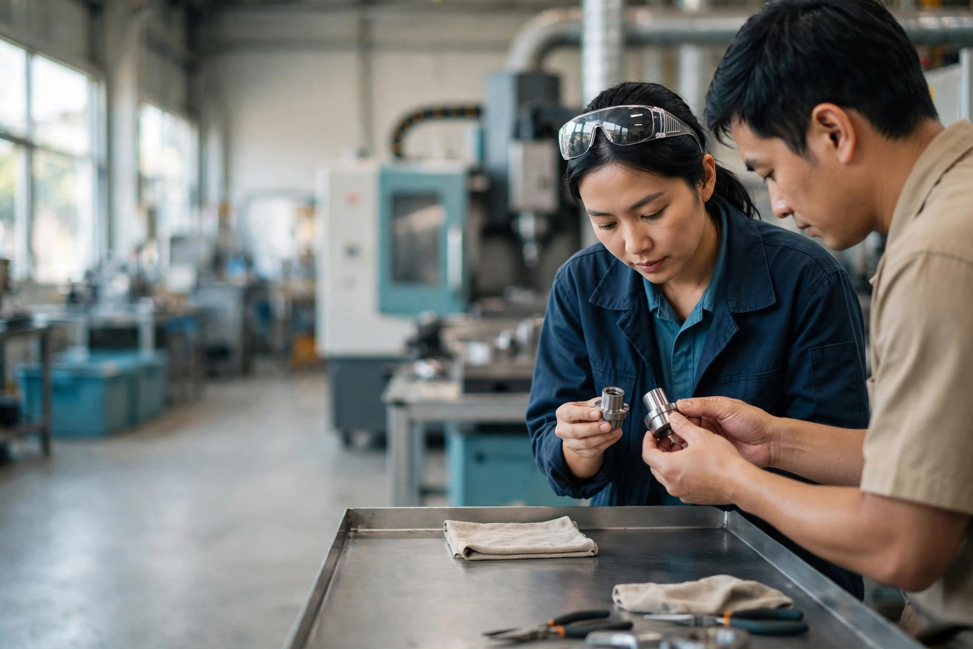 A woman in safety glasses and a man examine metal components at a workbench in a manufacturing facility.