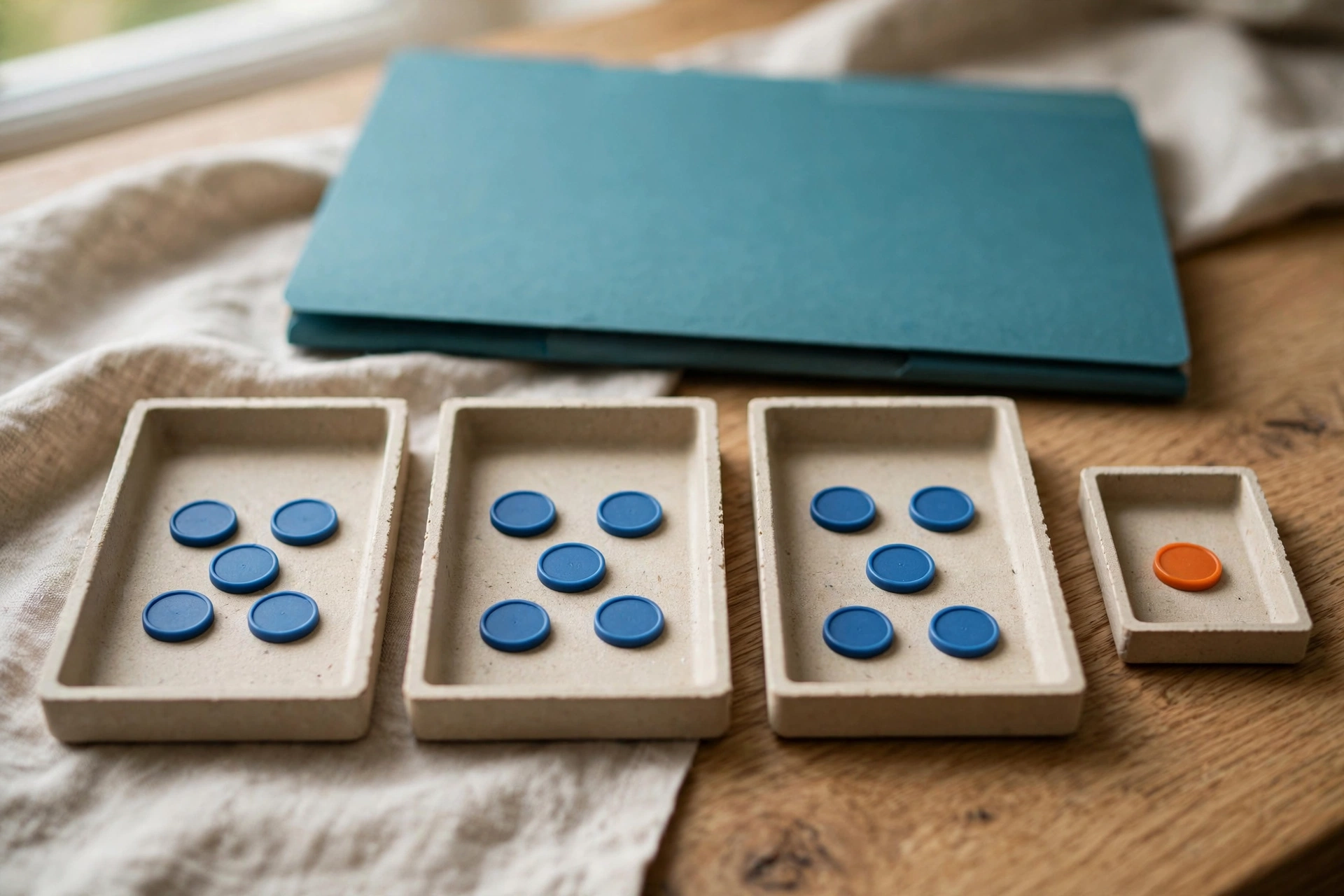 Blue tokens are distributed across three trays, with one orange token in a separate tray, representing resource allocation and an exception.