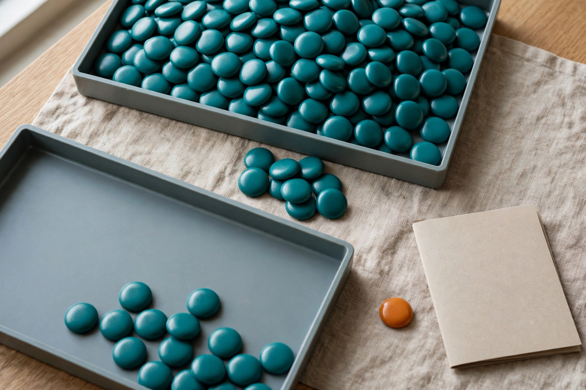 Teal tokens are in two trays, with some tokens between them, and an orange token sits next to a closed folder.