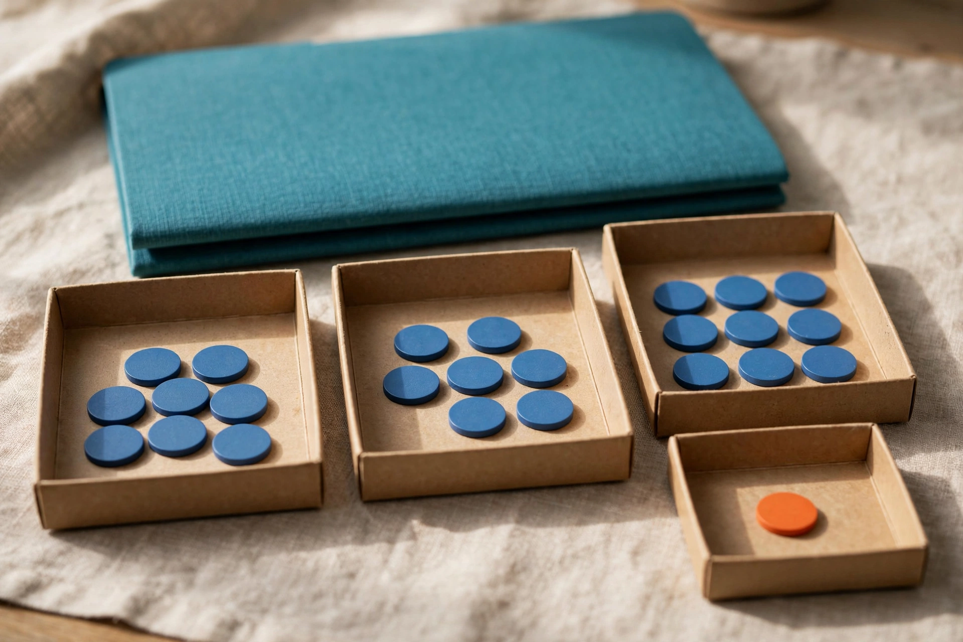 Blue tokens are distributed in sorting trays, with one orange token in a separate tray, and a teal folder behind.