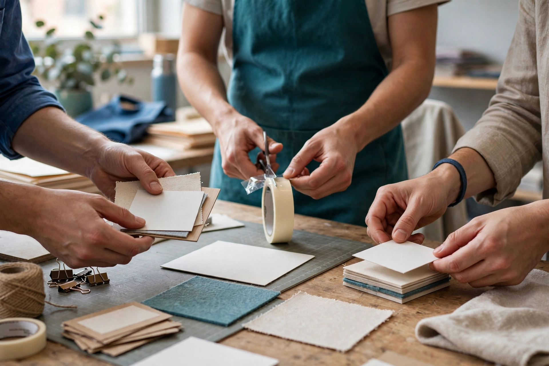 Three people are gathered around a wooden table, preparing material samples for a client meeting.