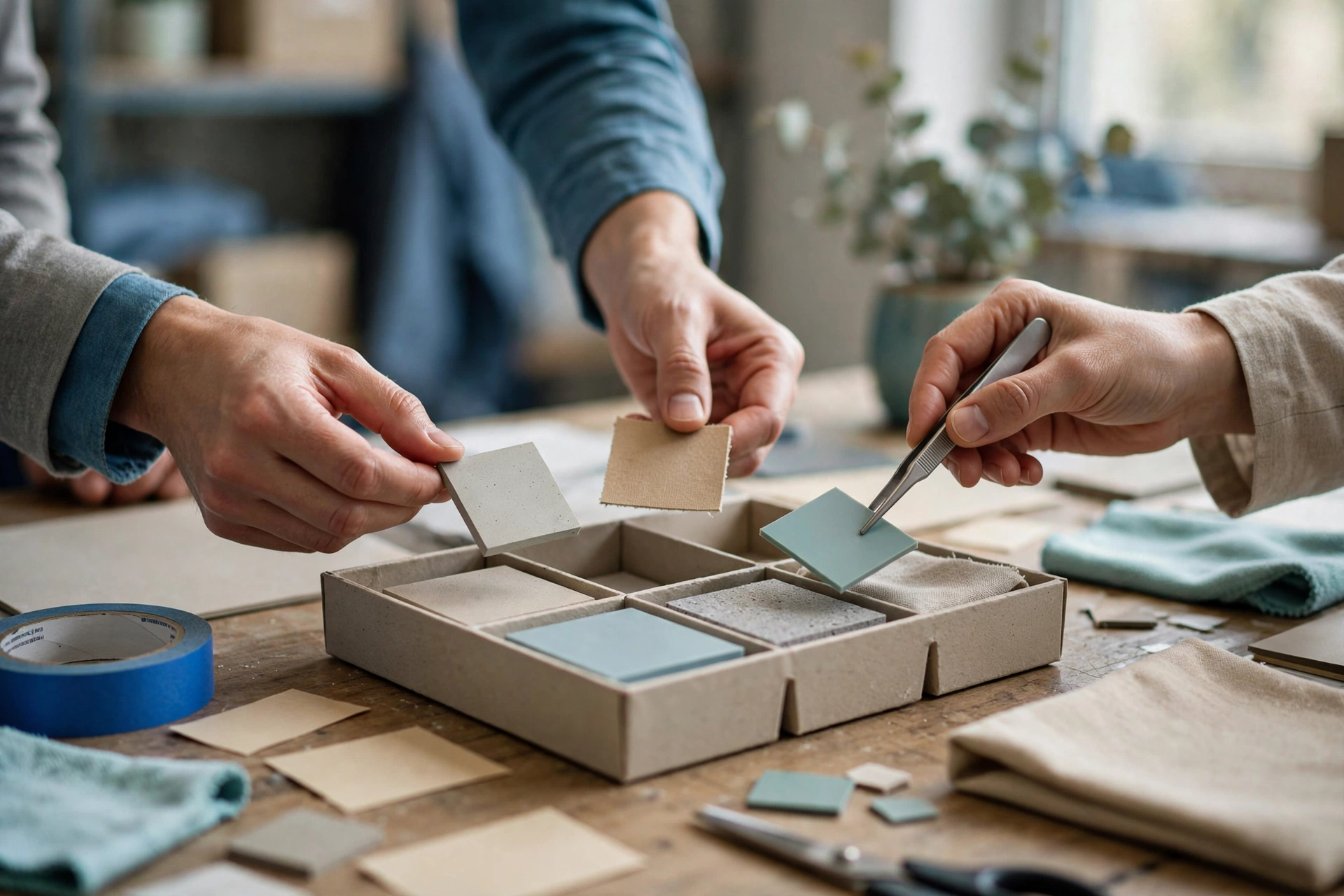 Hands arrange material samples in a real workplace, preparing for a customer meeting.