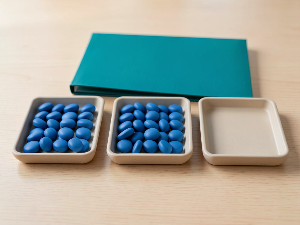 Three shallow trays with blue tokens and a teal folder are arranged on a wooden surface, symbolizing a project handoff.
