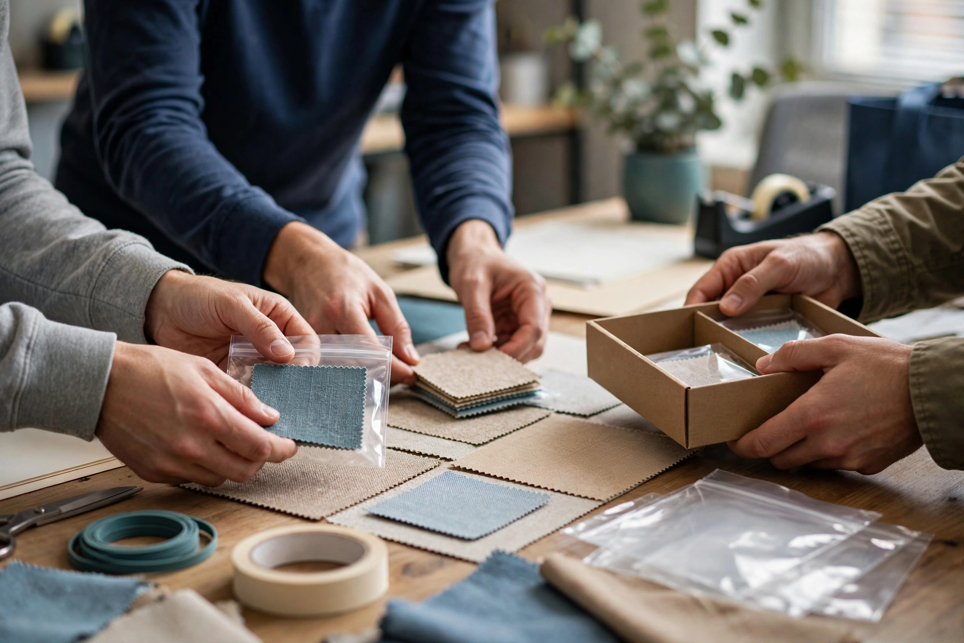 A team of people are gathered around a wooden table, preparing fabric samples in plastic bags and a box for a customer meeting.