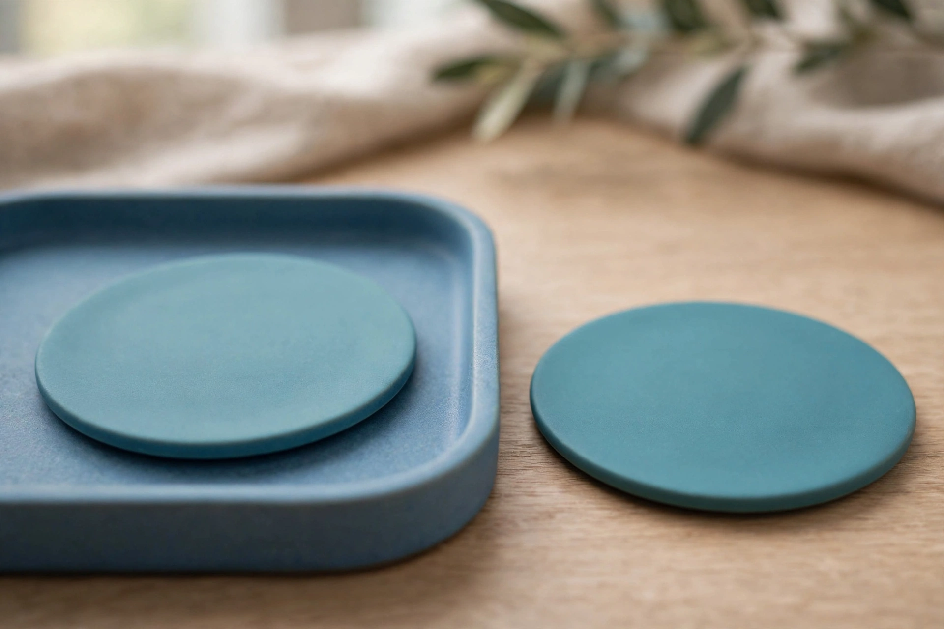 Two identical teal discs are shown, with one disc placed inside a blue tray and the other disc placed separately outside the tray on a wooden surface.