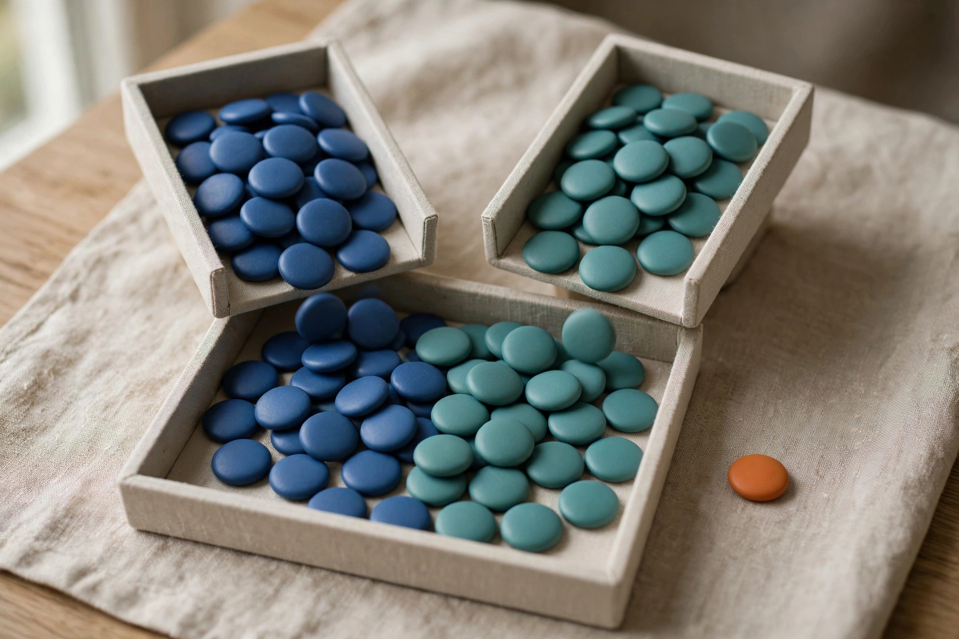 Two trays of blue and teal tokens converge into a larger tray, with one orange token beside them on a neutral cloth.
