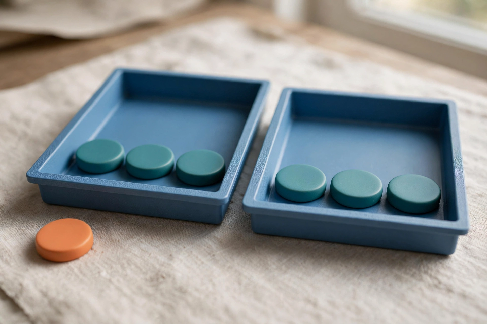 Two blue sorting trays hold teal tokens, with an orange token placed outside the left tray on a textured surface.