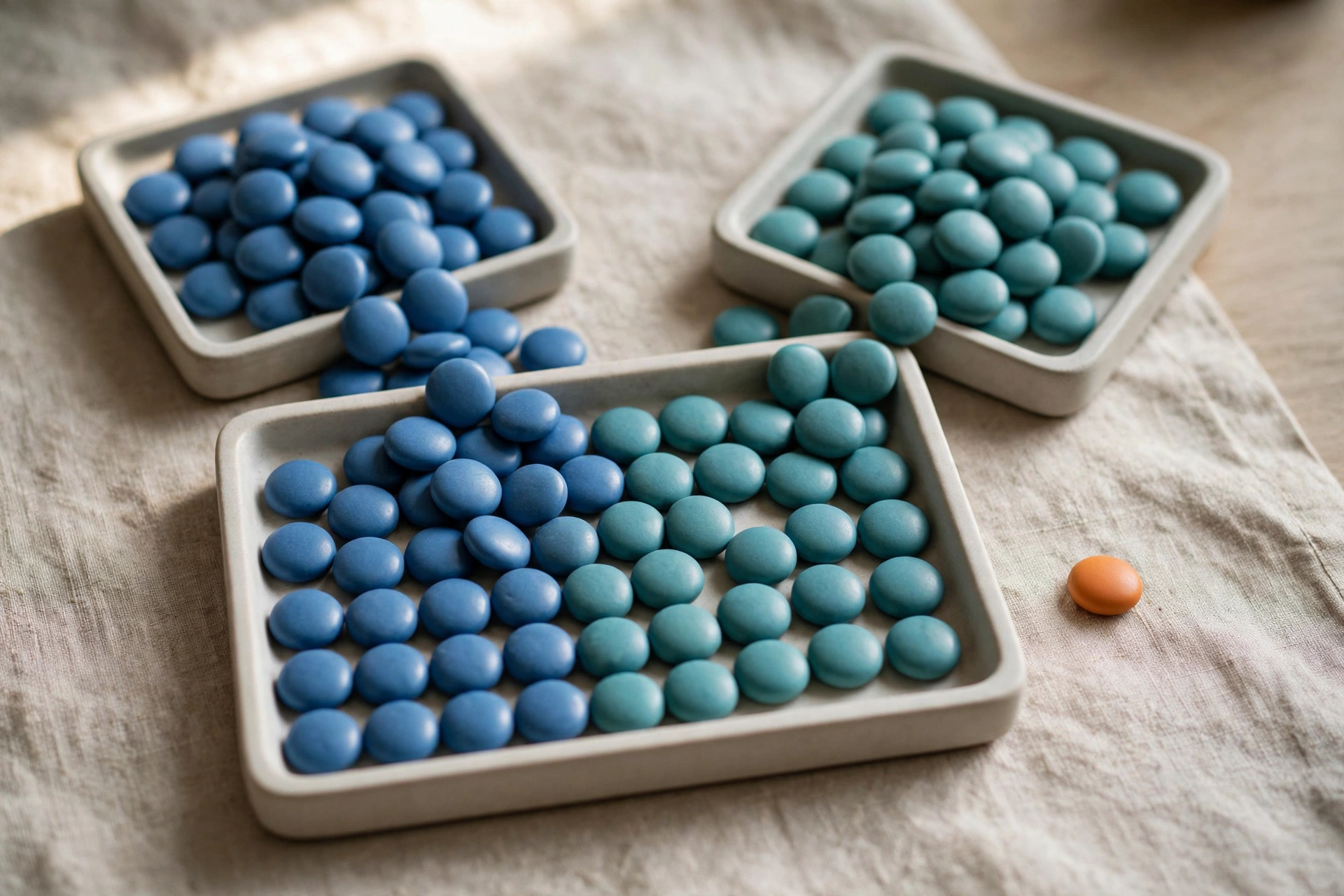 Two square trays of blue and teal tokens converge into a single larger tray, with one orange token beside it.