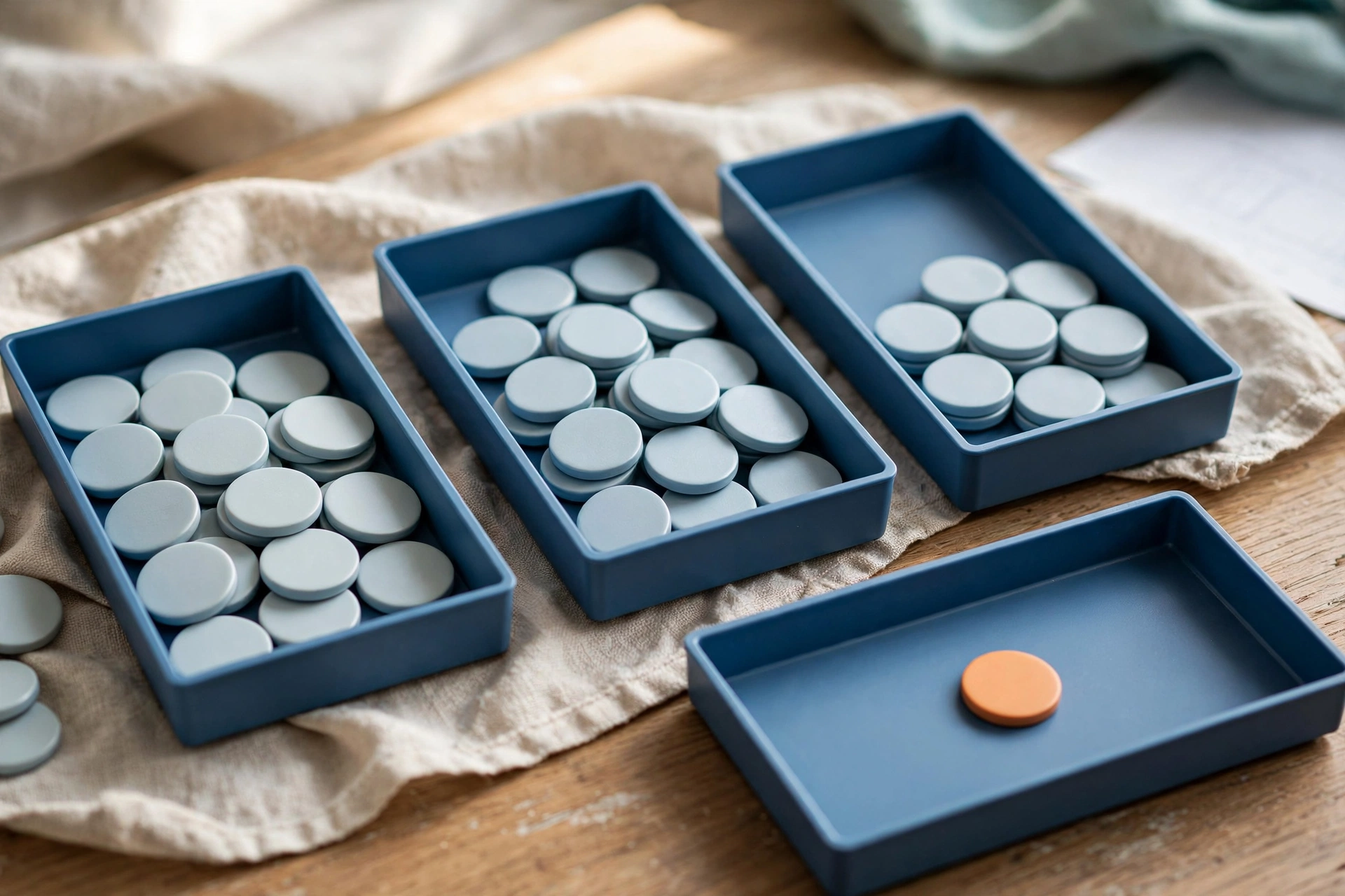 Three blue trays hold stacks of light blue tokens, with a fourth blue tray containing a single orange token on a wooden surface.