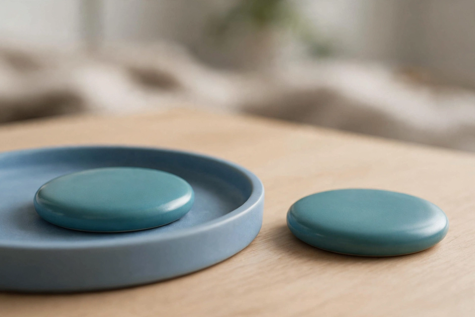 Two identical teal ceramic discs are shown, one resting in a blue tray and the other placed separately on a wooden surface.