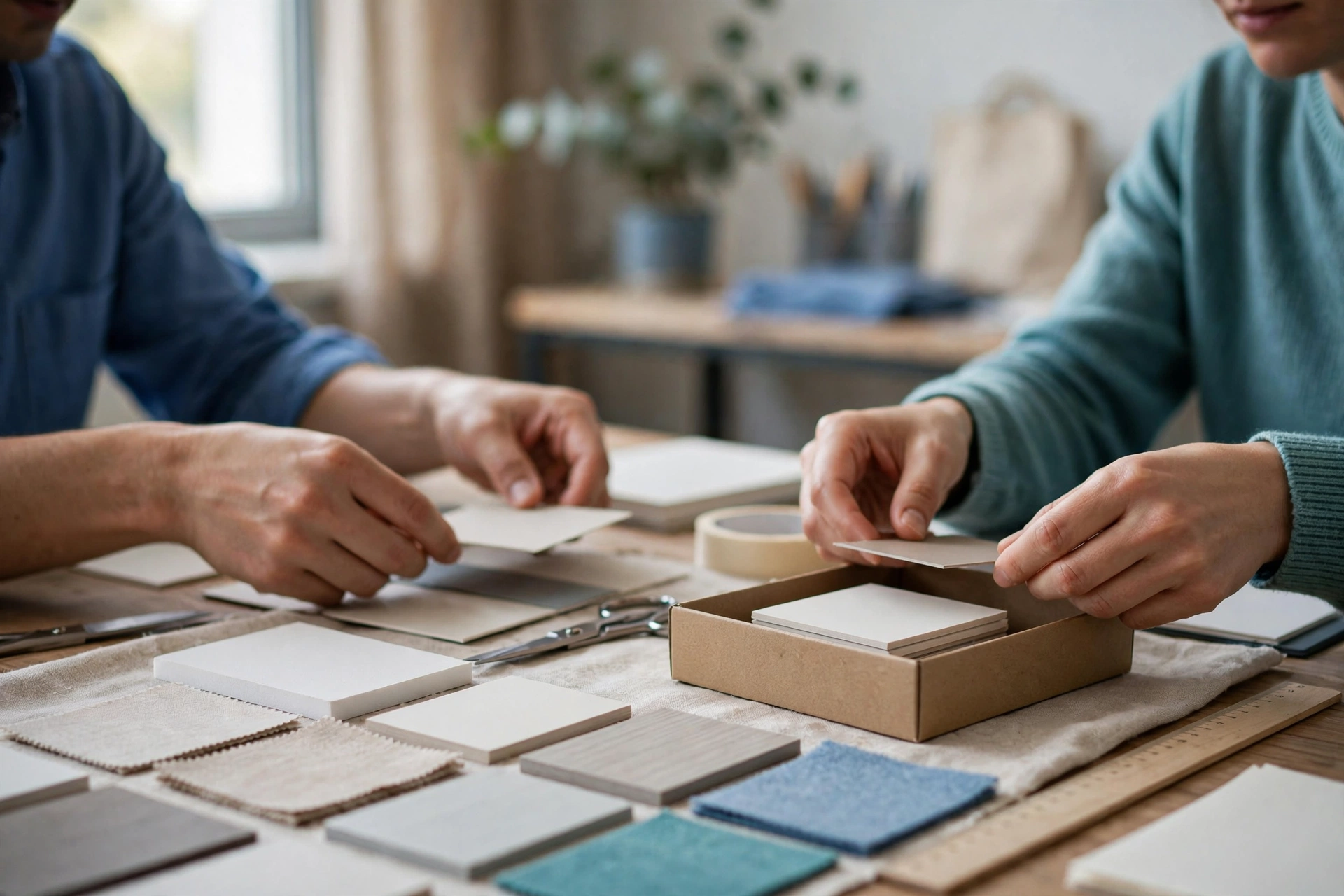 Two people are arranging material samples on a table in a real workplace setting.