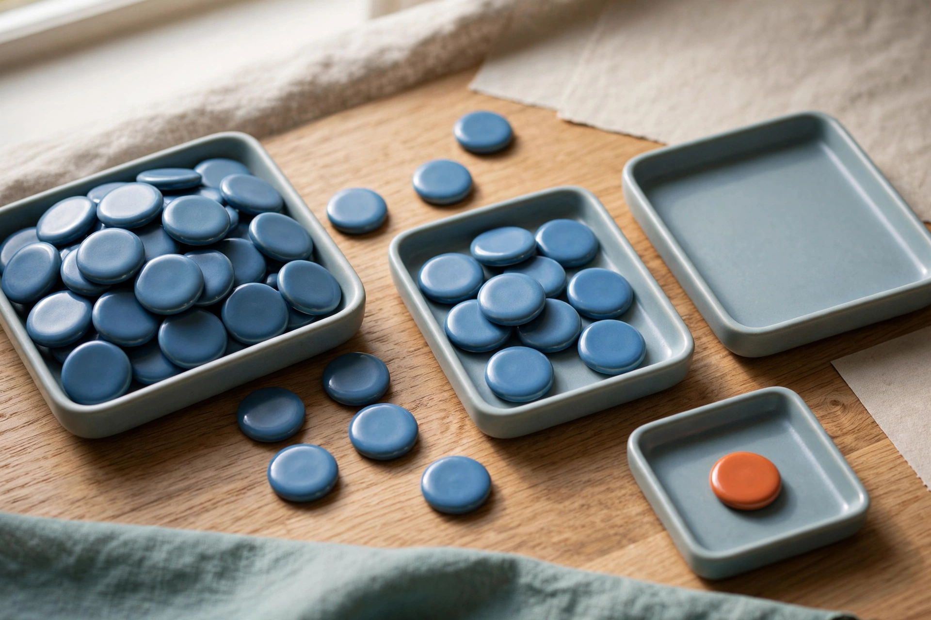Four shallow trays on a wooden surface contain blue and orange tokens, illustrating resource allocation and an exception.