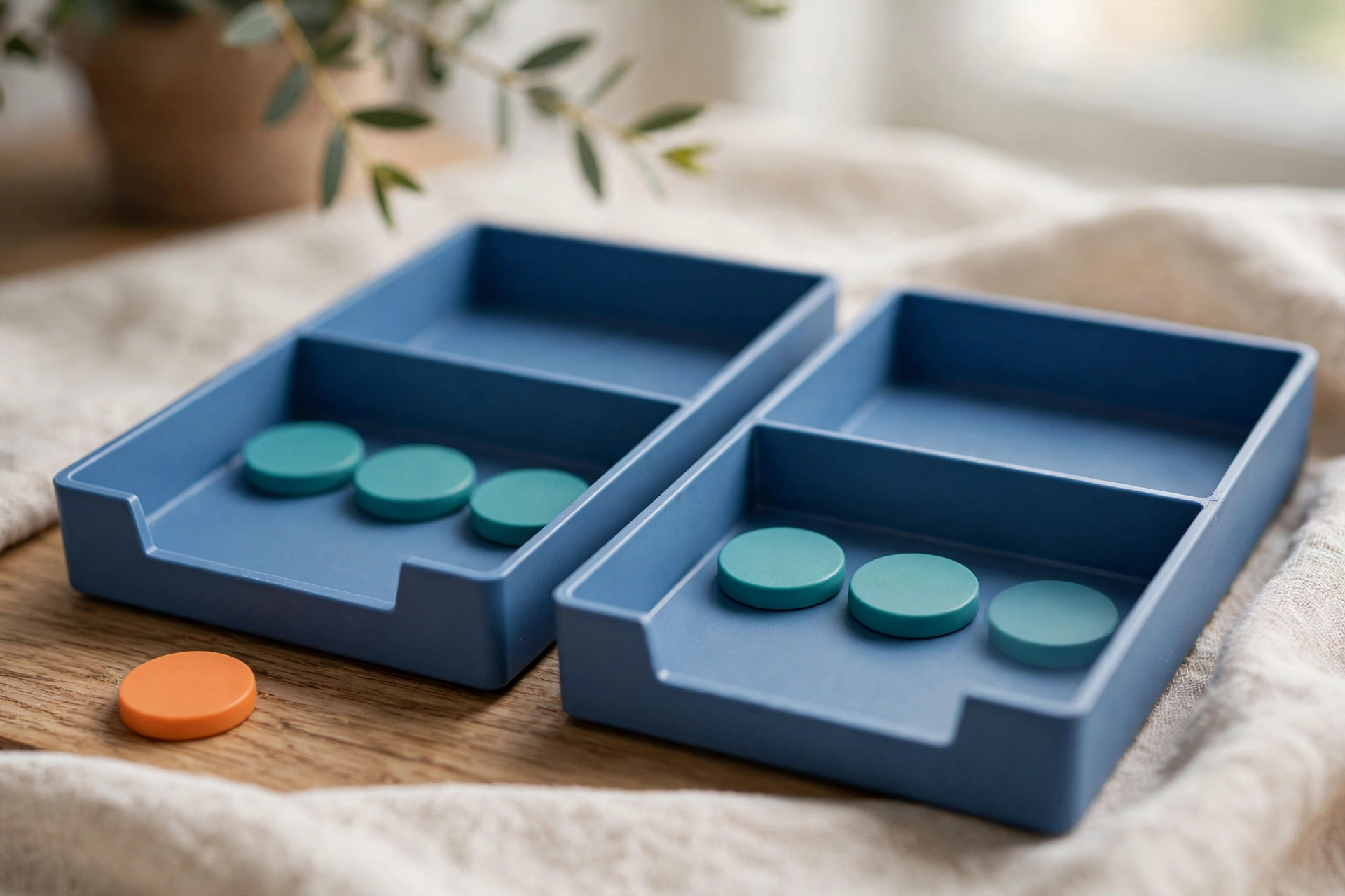 Two blue sorting trays hold teal tokens, with an orange token placed outside one tray on a wooden surface.