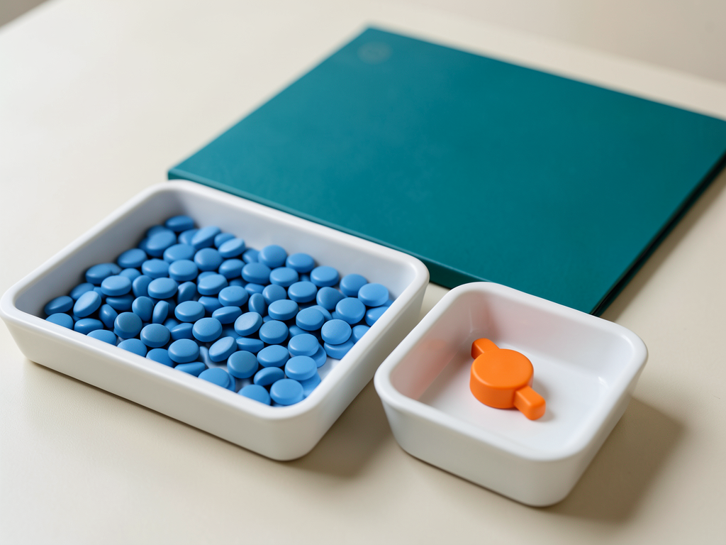 Blue tokens fill a white tray next to a small white tray with an orange token, with a closed teal folder behind them on a light surface.