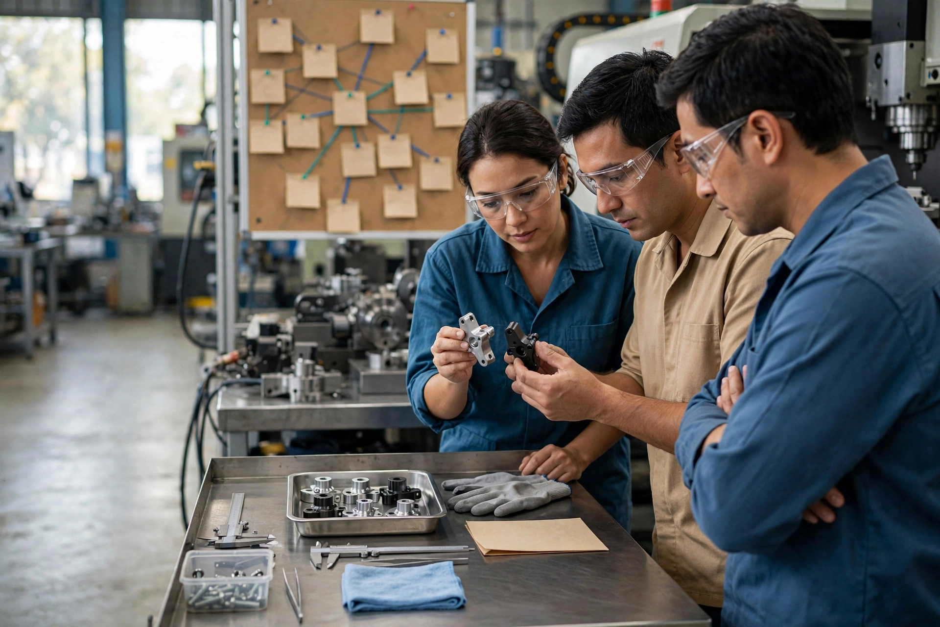 Three manufacturing workers in safety glasses compare metal parts at a workbench in a factory.