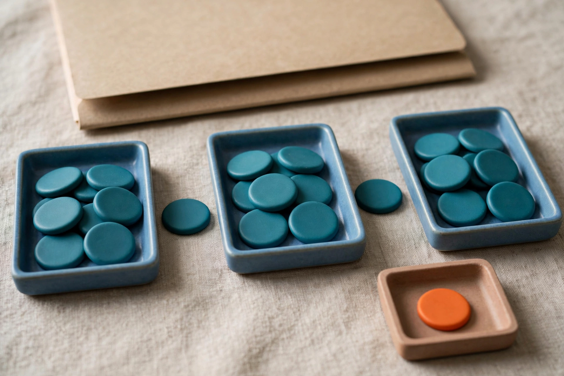 Three blue trays with teal tokens and a separate tray with an orange token are arranged on a textured surface with a closed folder behind.