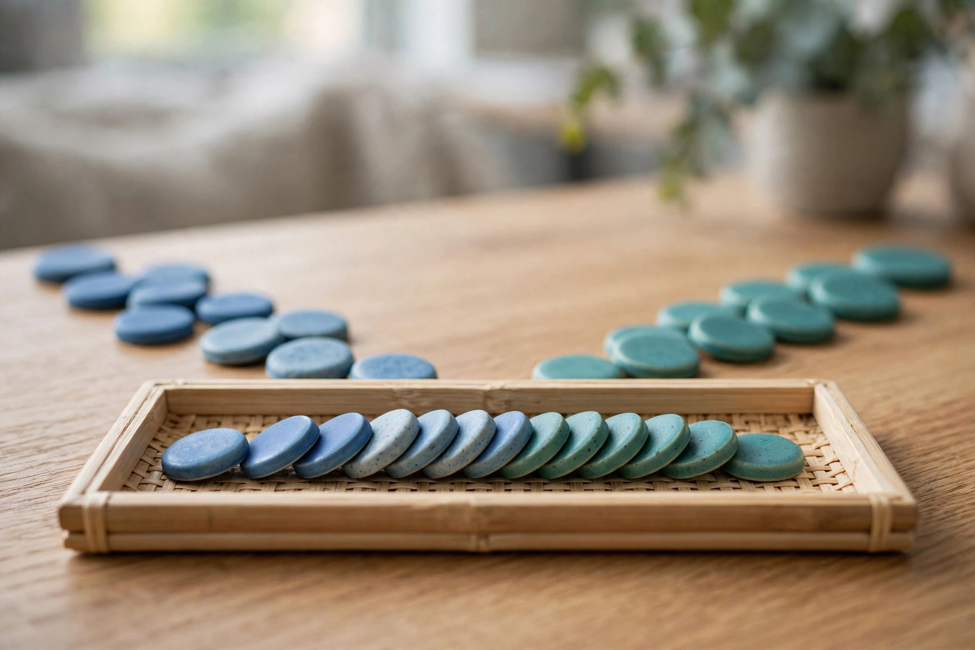Two streams of blue and teal ceramic tokens converge into a neat ordered row inside a shallow sorting tray on a wooden surface.