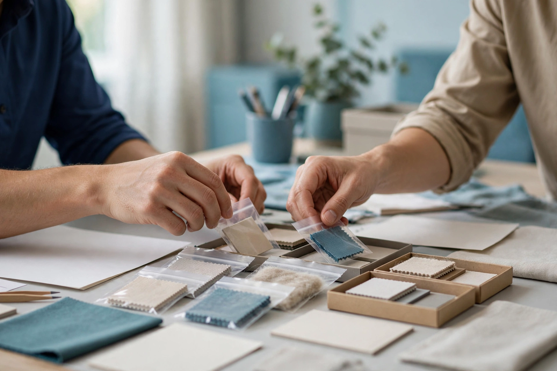 Two colleagues examine fabric samples in a studio, with hands reaching for small plastic bags of material.