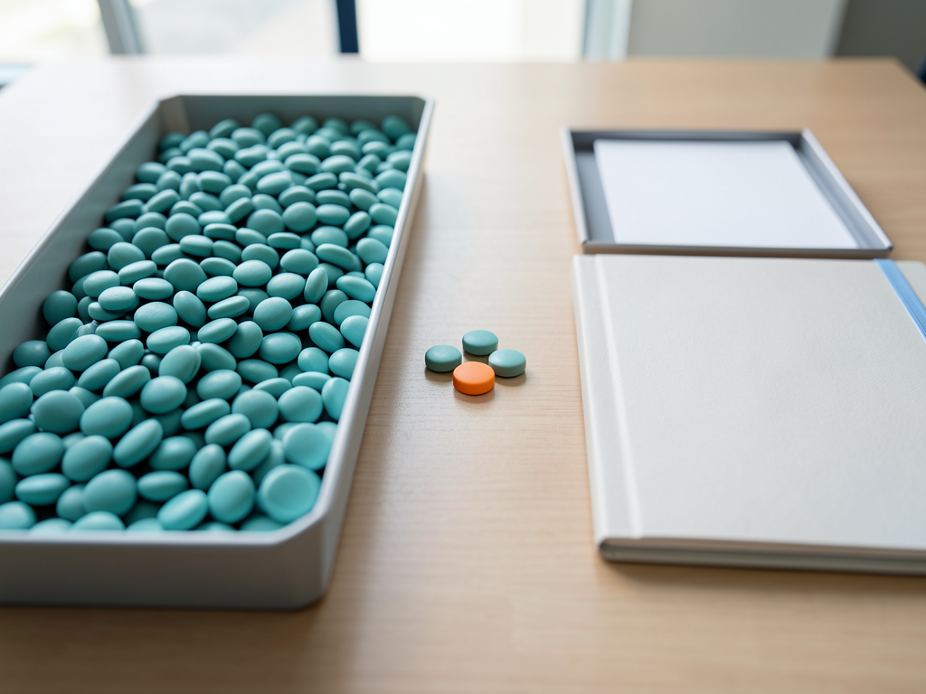 A still life of teal tokens in a tray, three tokens between trays, and an orange token beside a blank folder on a wooden desk.