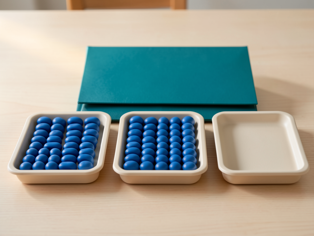 Three shallow trays with blue tokens and a teal folder are arranged on a wooden desk, symbolizing project progression.