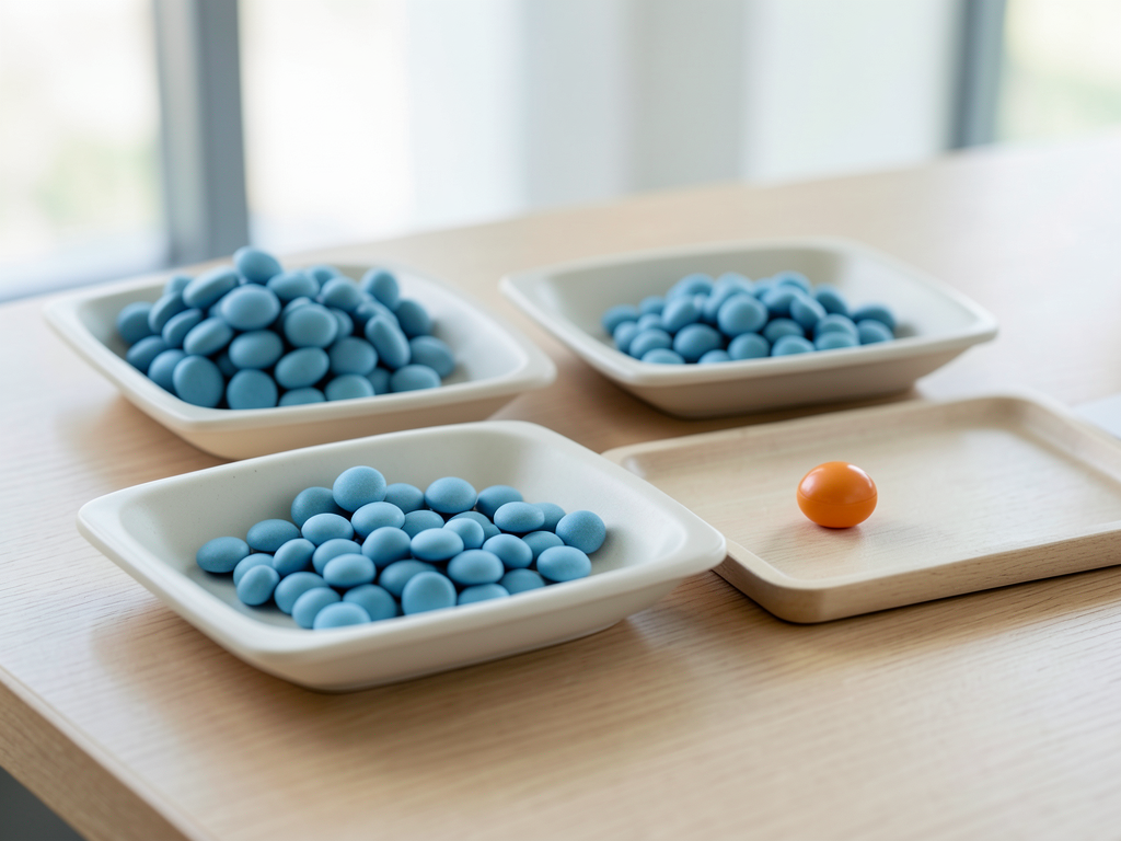 Four shallow trays with decreasing groups of blue tokens and one orange token on a wooden surface.