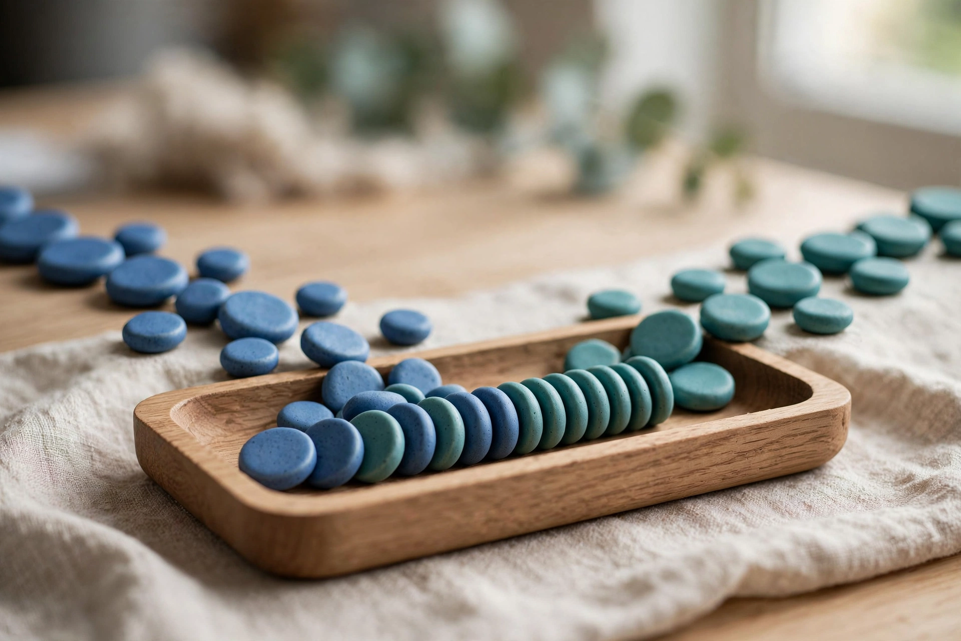 Blue and teal ceramic tokens converge into a neat row within a wooden tray on a textured cloth.