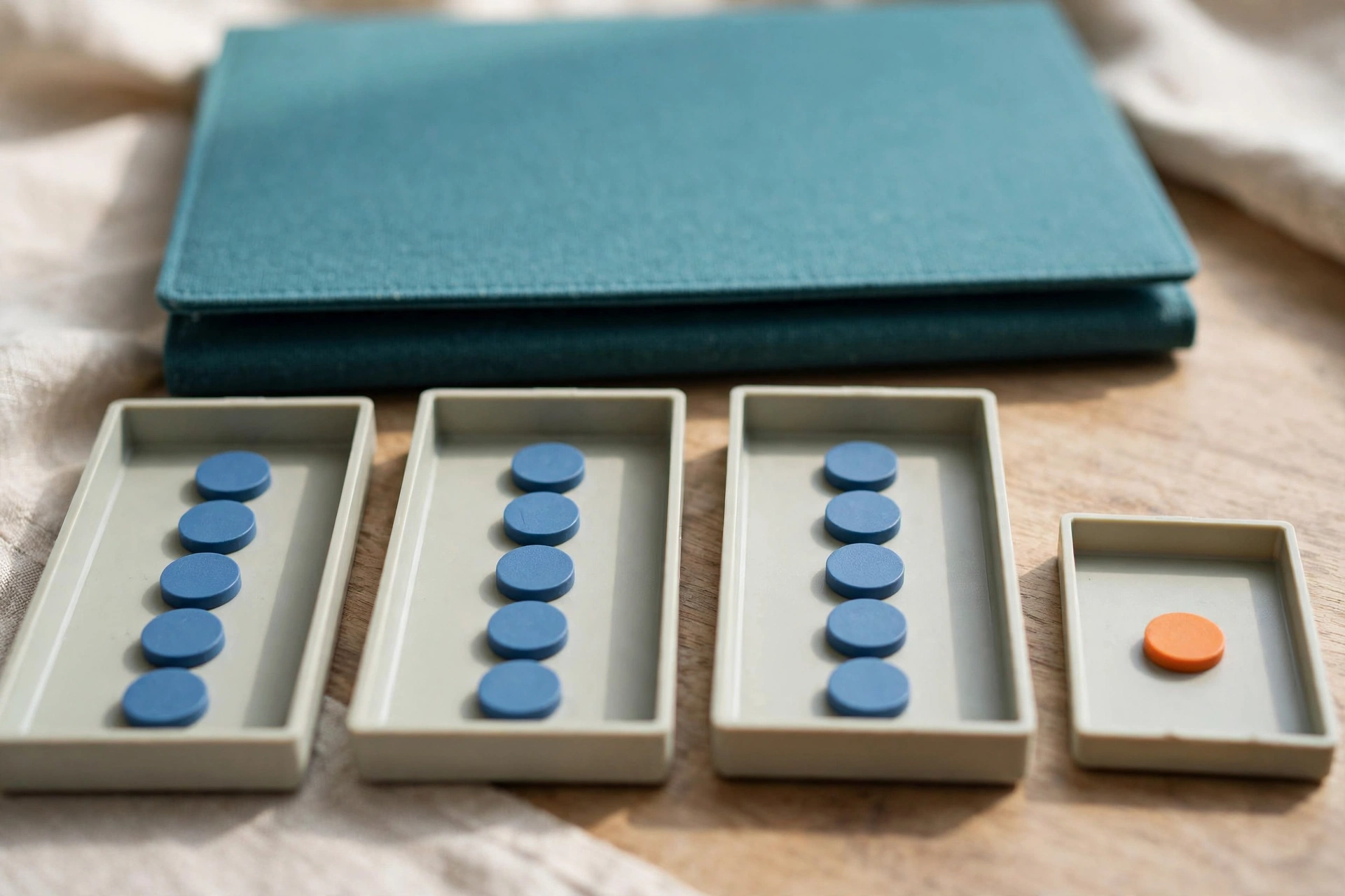 Blue tokens are distributed in three trays, with one orange token in a separate small tray behind a closed teal folder.