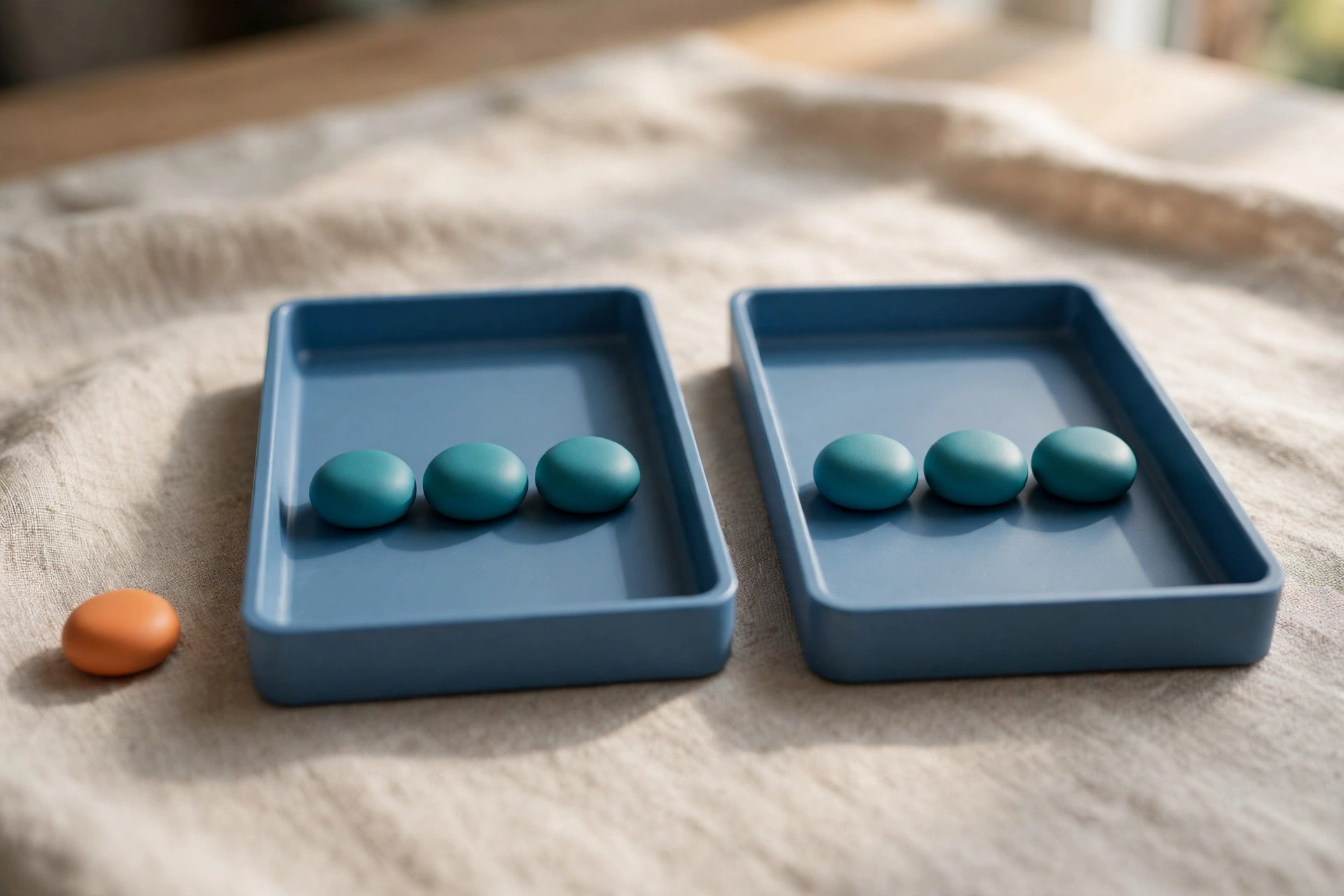 Two blue sorting trays hold teal tokens, with an orange token placed outside the left tray on a textured surface.