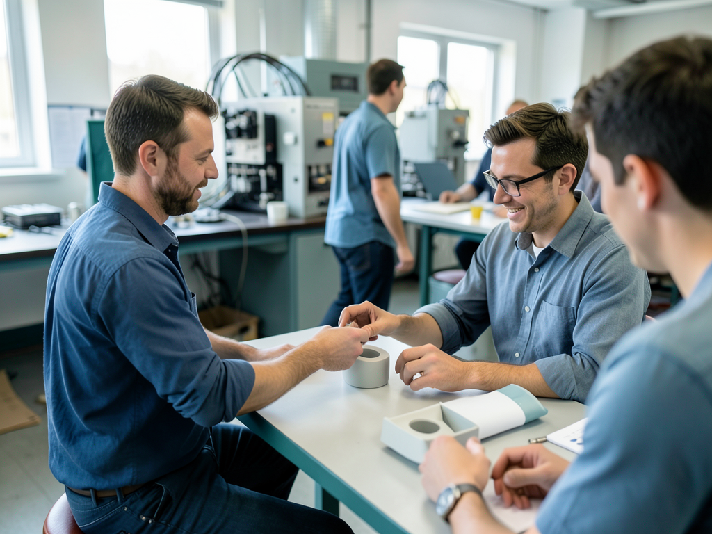 Three men in blue shirts sit at a table in a manufacturing facility, examining sample parts and discussing them.
