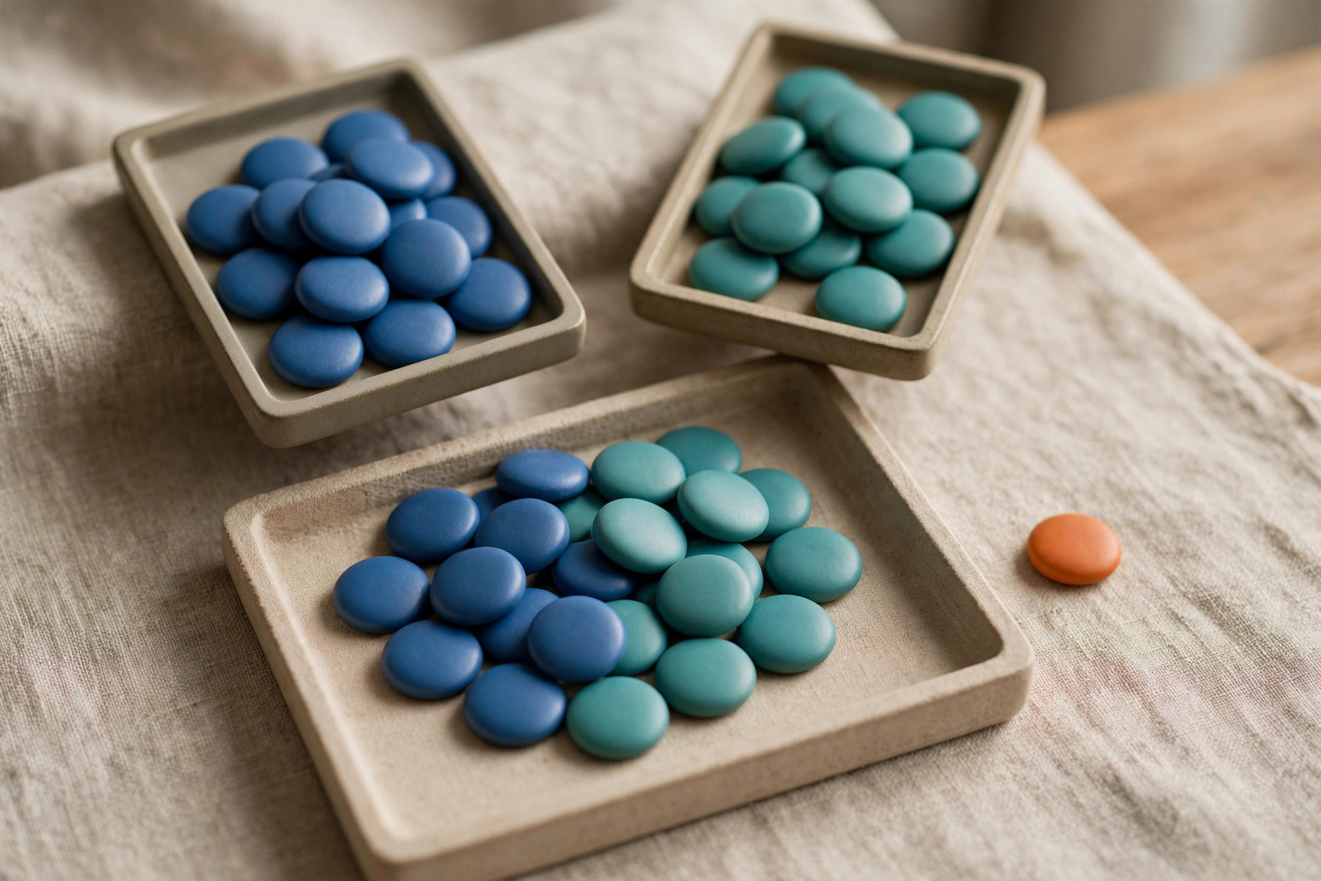 Two square trays of blue and teal tokens are shown, with a third tray containing a mix of both colors, and a single orange token sits to the side.