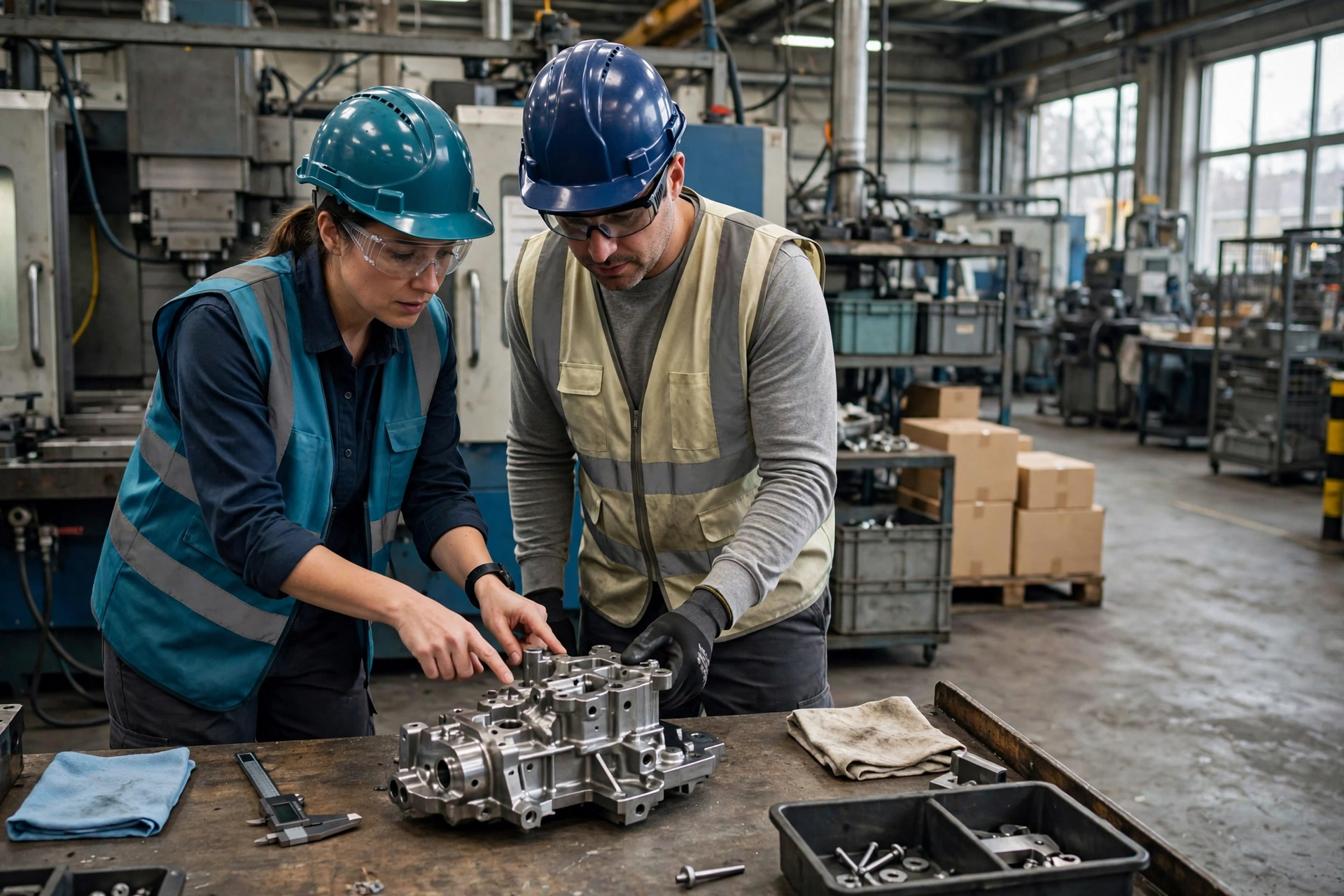 A woman and a man wearing hard hats and safety vests inspect a metal component on a workbench in a factory.
