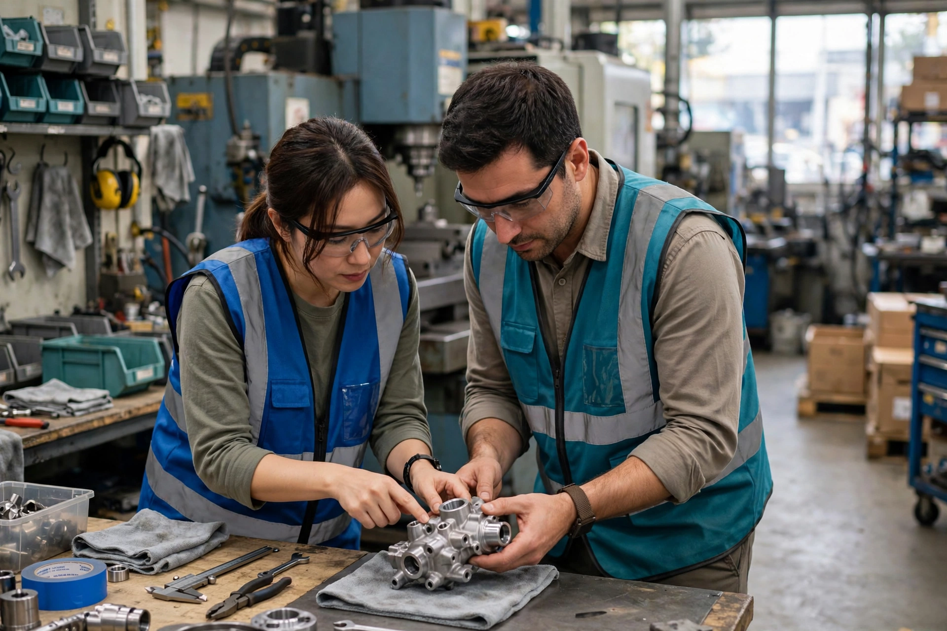 A woman and a man in safety vests and glasses inspect a metal component in a factory work cell.