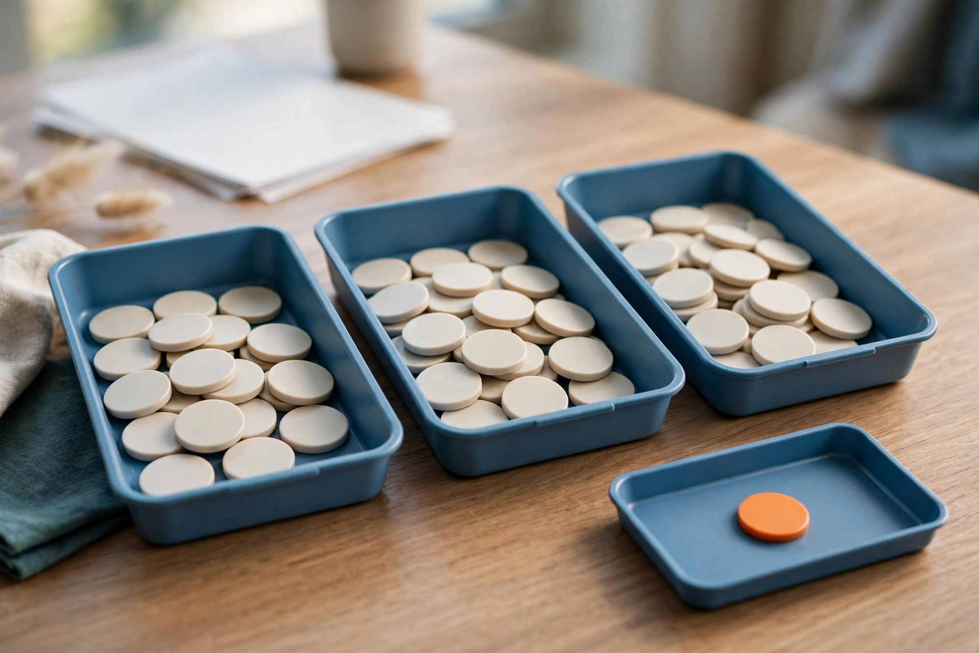 Three blue sorting trays filled with blank tokens are arranged in sequence, with a fourth tray holding a single orange token.