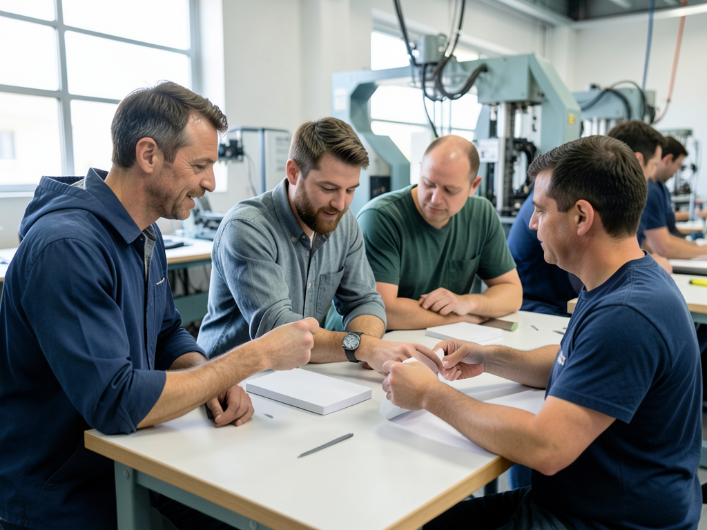 Four men in plain clothing sit at a table in a manufacturing facility, discussing unmarked parts with machinery in the background.