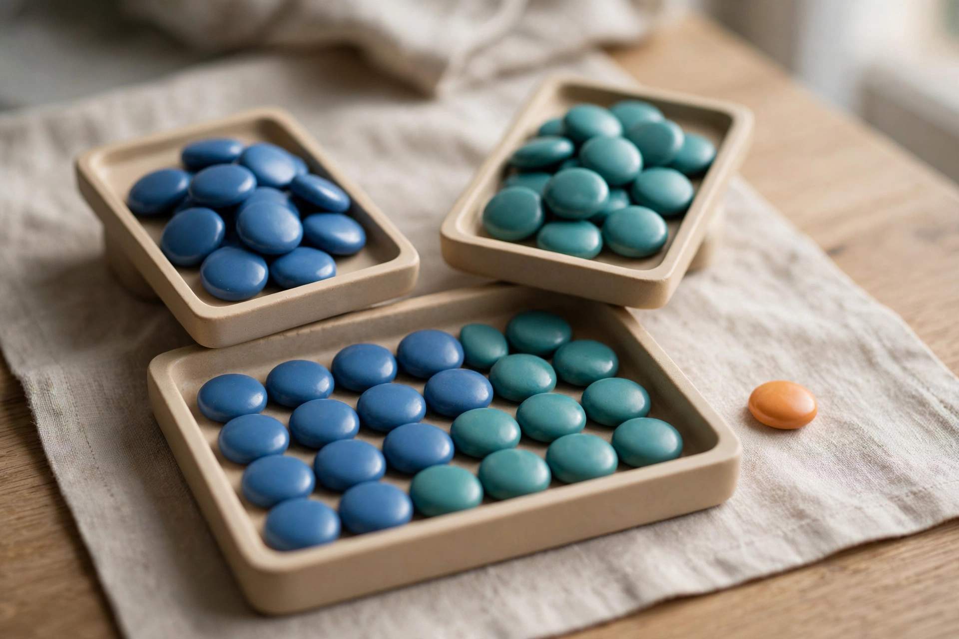 Two trays of blue and teal tokens converge into a larger tray, with one orange token isolated nearby on a neutral cloth.