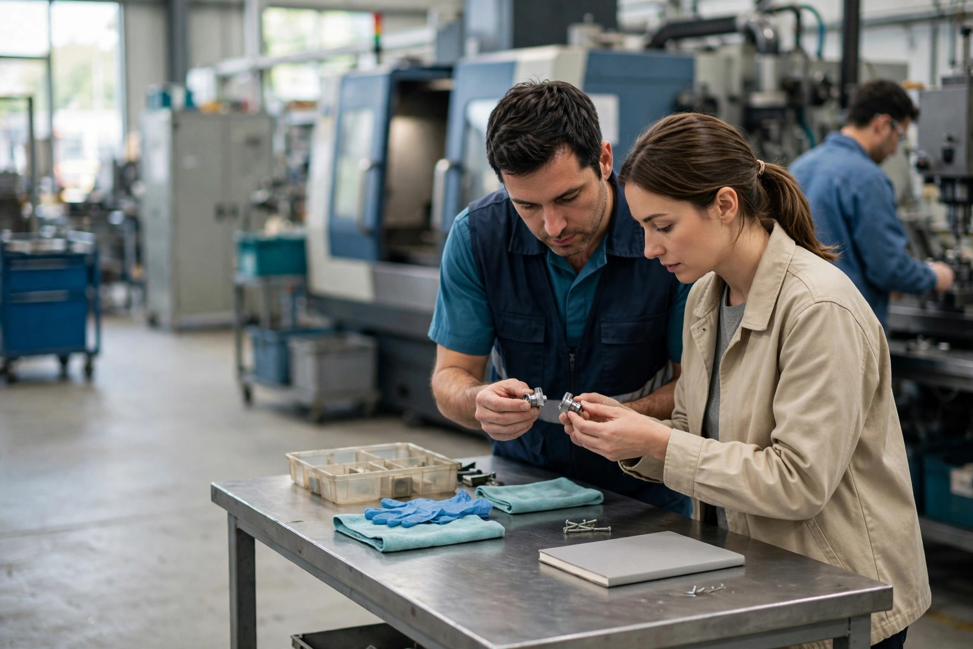 A man and a woman examine metal parts at a workbench in a manufacturing facility, with machinery and another worker in the background.