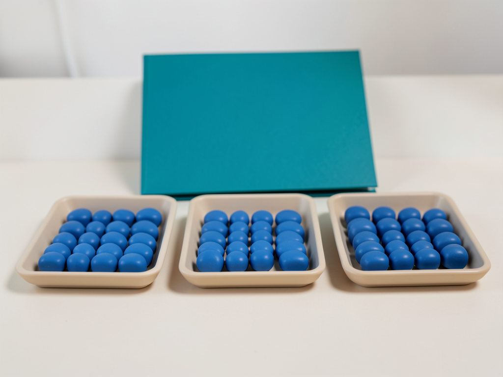 Three shallow trays of blue tokens are arranged left to right, with a teal folder behind them on a white surface.