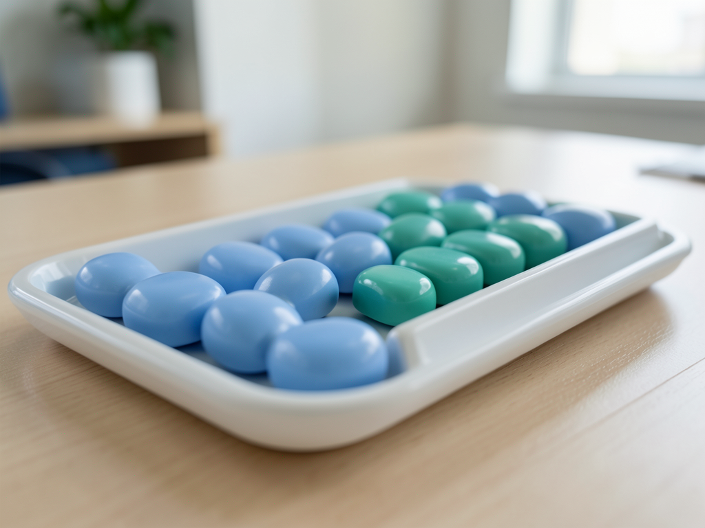 Blue and teal ceramic tokens are arranged in a tray, with two distinct groups merging into one organized row on a wooden desk.