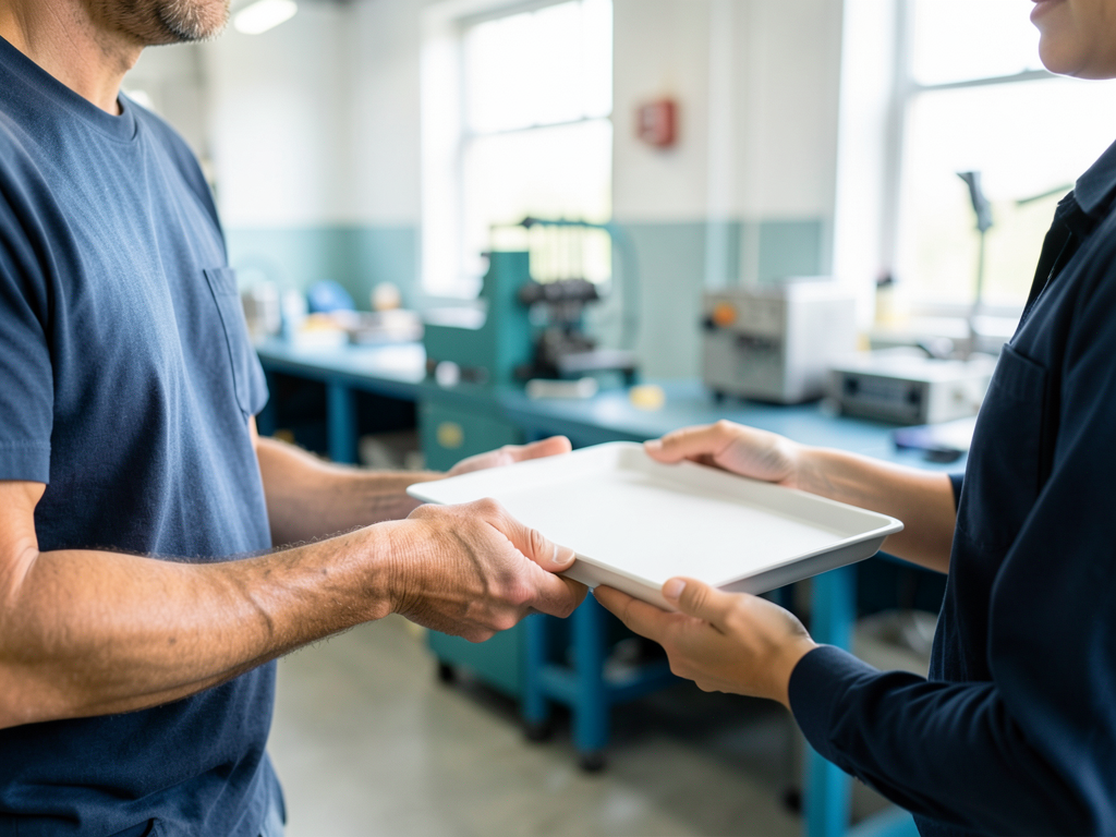 A plant operations colleague hands a plain sample tray to a customer-facing teammate in a bright manufacturing workshop.