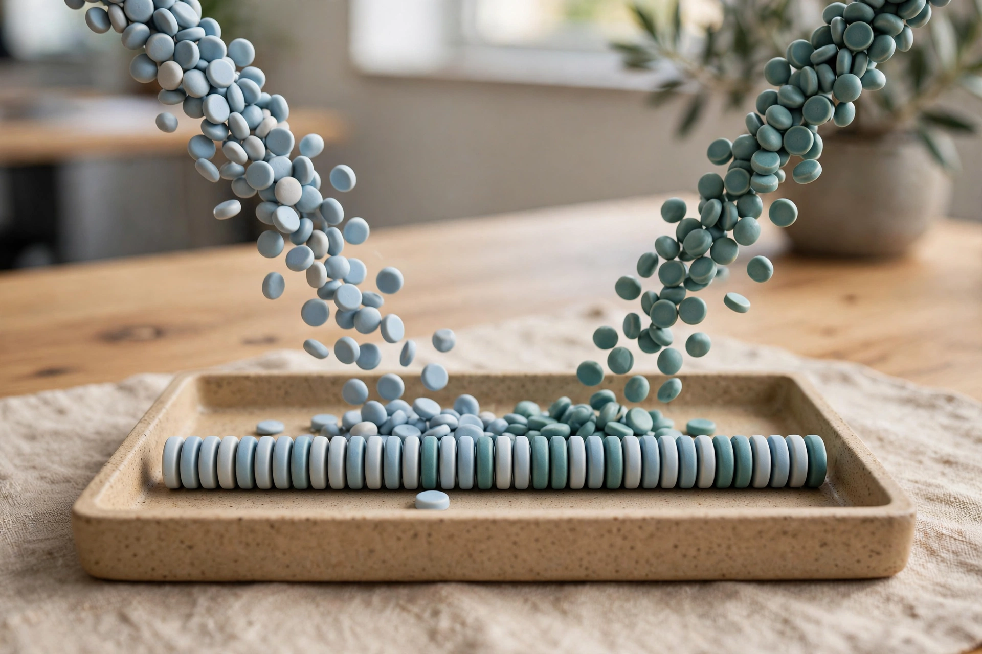 Two streams of blue and teal tokens converge into an ordered row in a shallow sorting tray on a wooden surface.