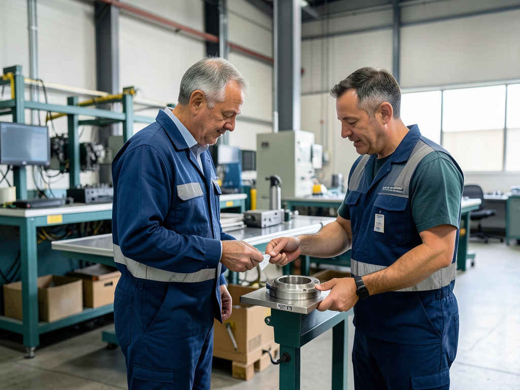 Two men in a factory work cell inspect a metal component while wearing protective attire.