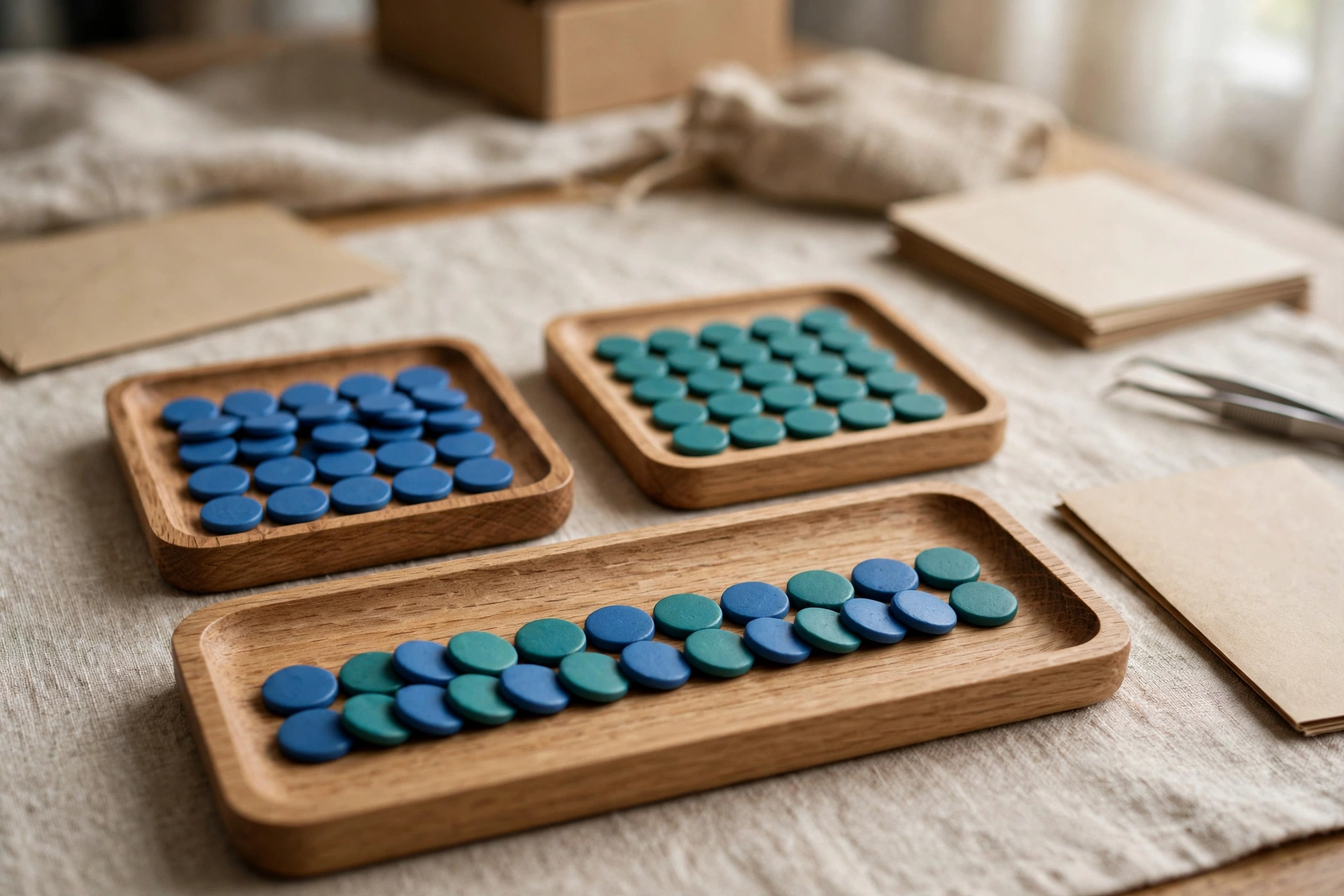 Two square wooden trays hold separate blue and teal tokens, and a long rectangular tray holds a combined sequence of both token colors.