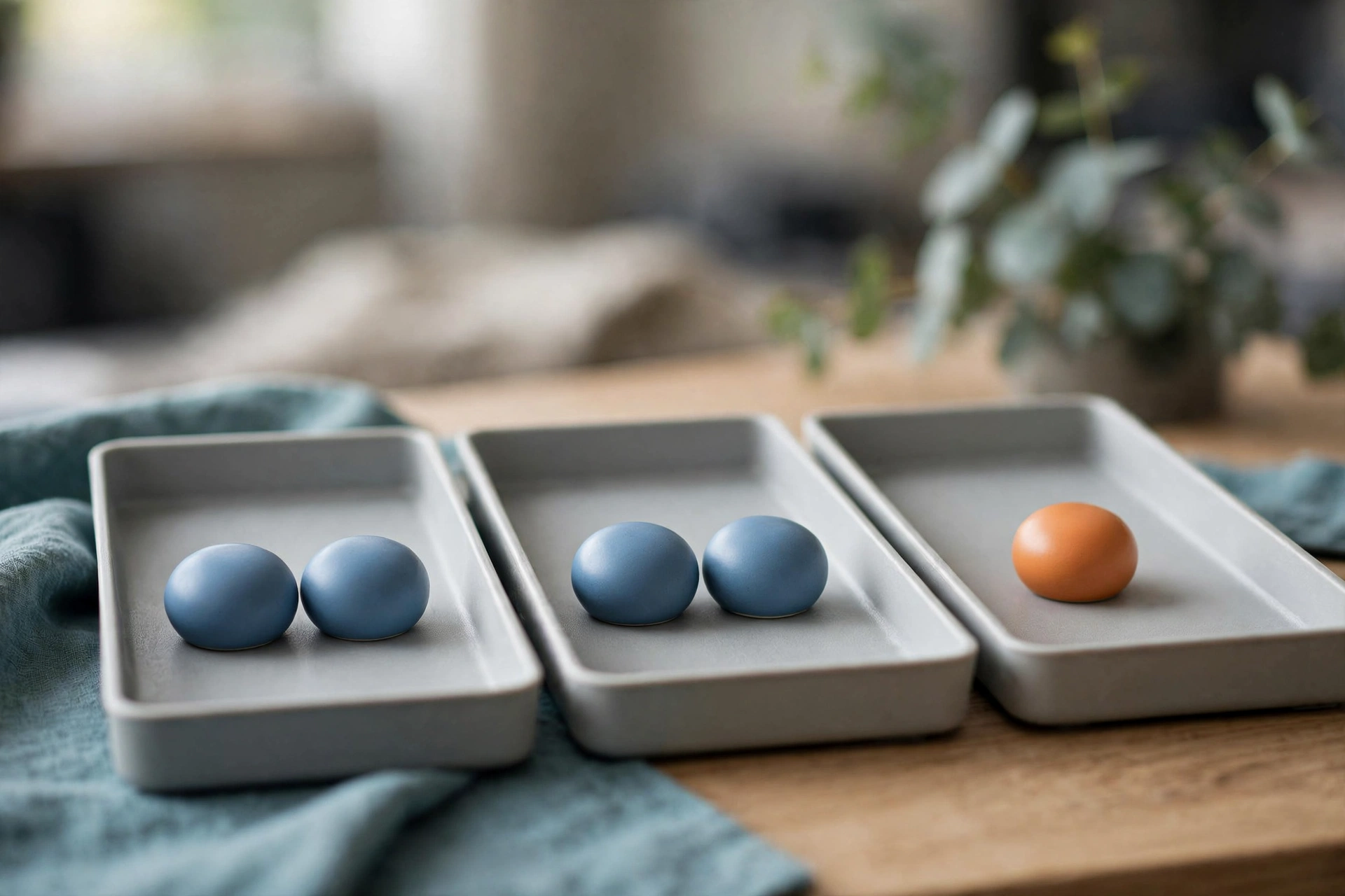 Three shallow office sorting trays on a desk, two with matching blue tokens and one with an unmatched orange token.