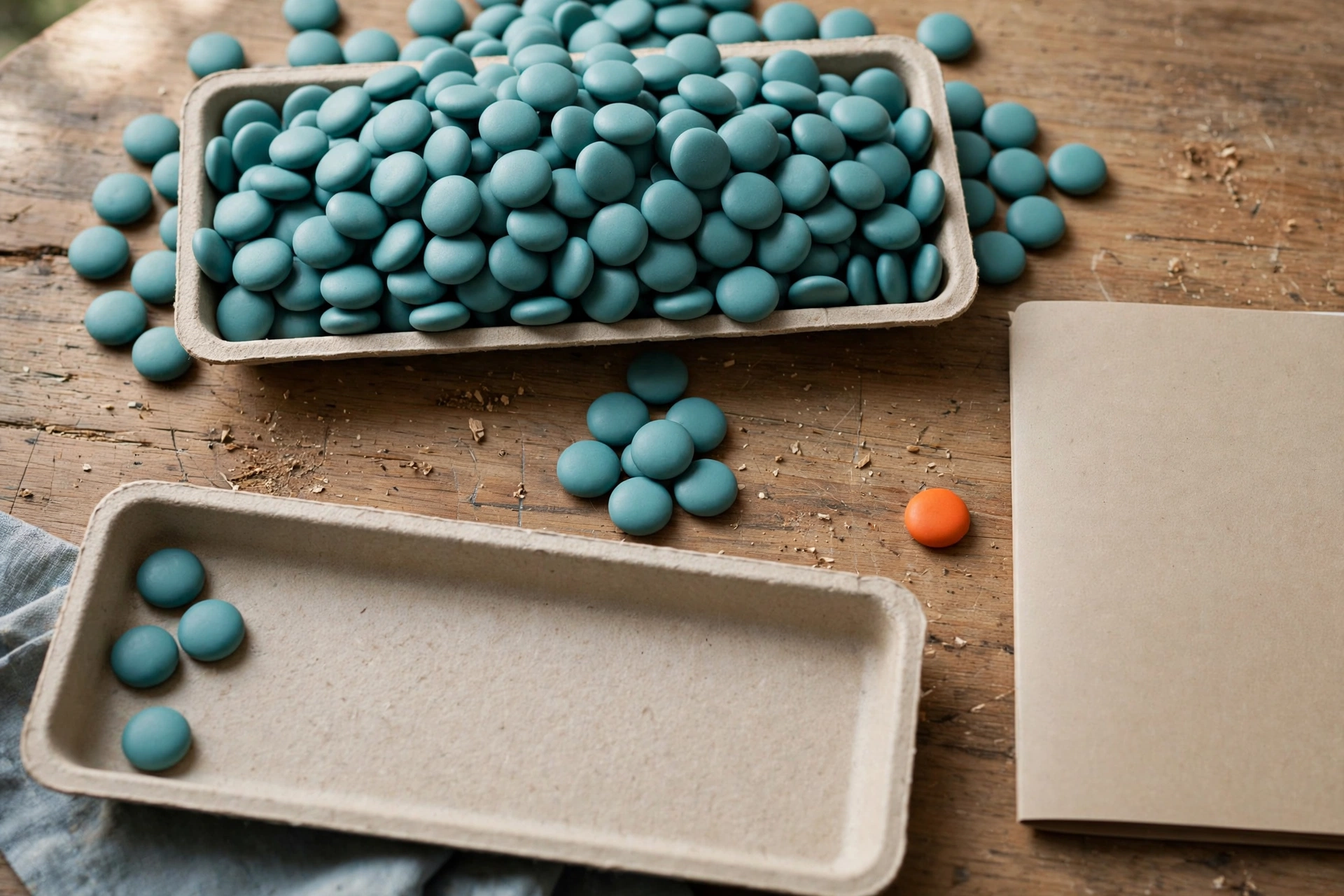 Teal tokens fill one tray, with a few in another, and a small pile between them and an orange token near a blank folder.