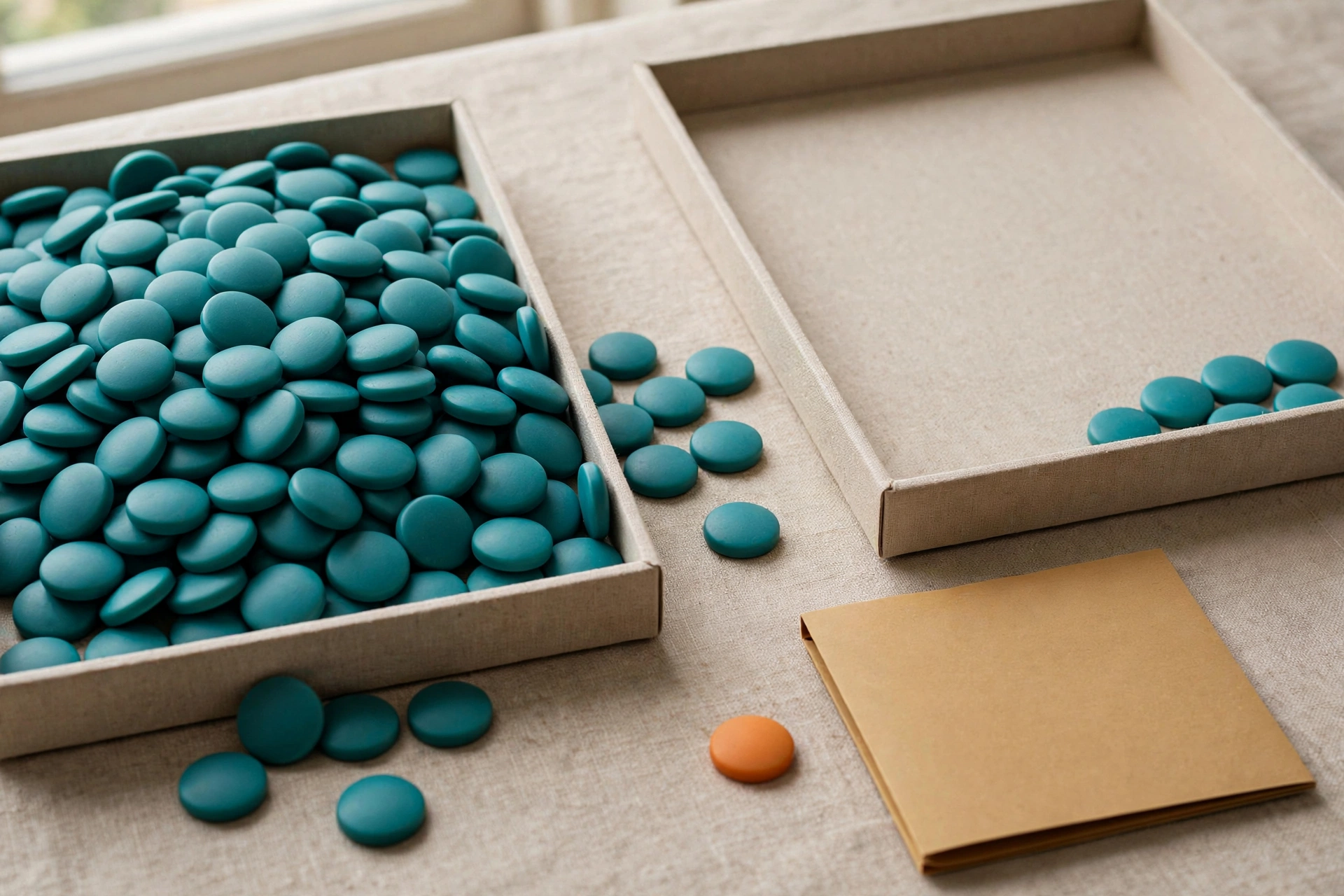 Teal tokens fill one tray, with some scattered in another, and an orange token sits near a closed folder.