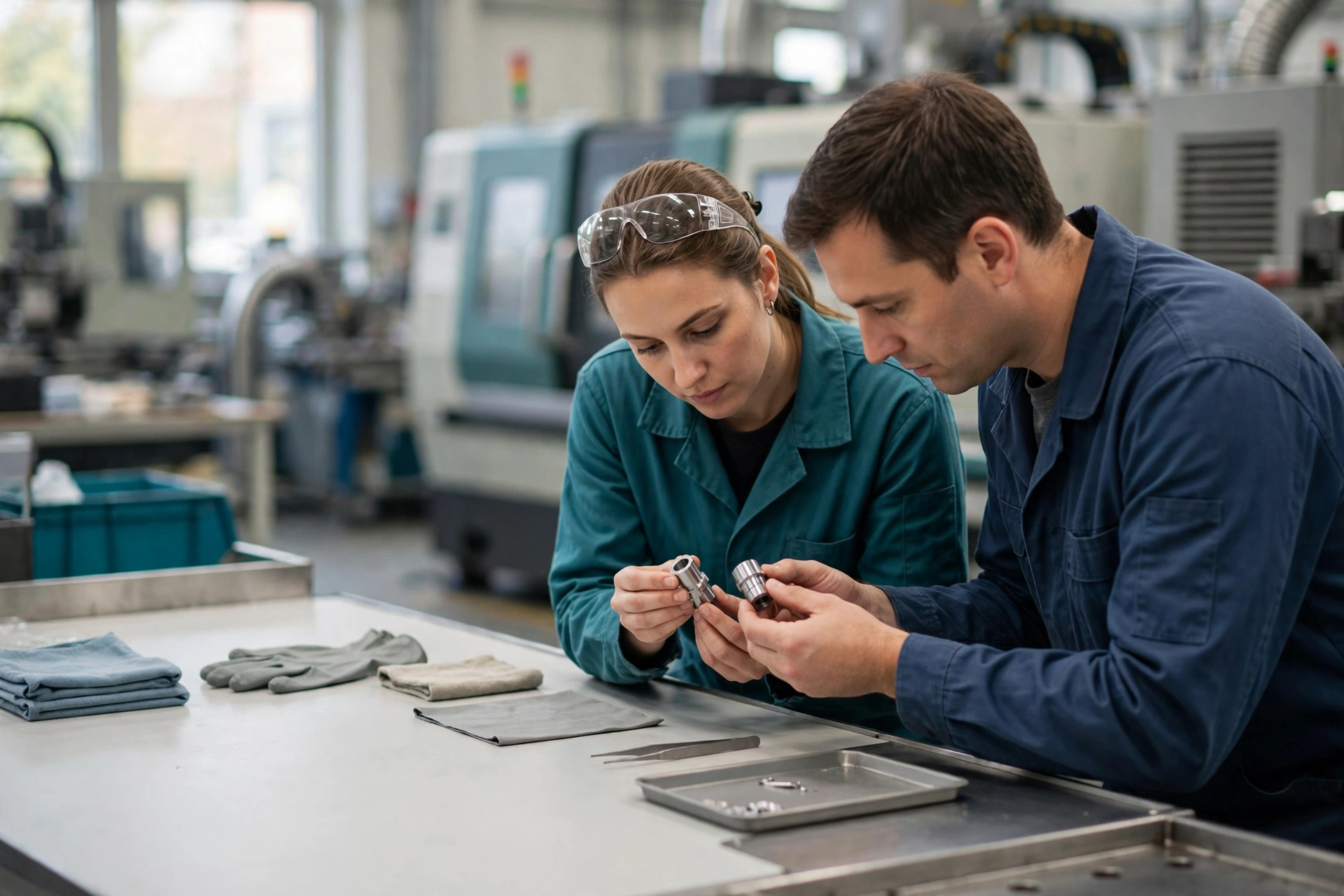 A man and a woman in work clothes compare small metal parts at a table in a manufacturing facility.