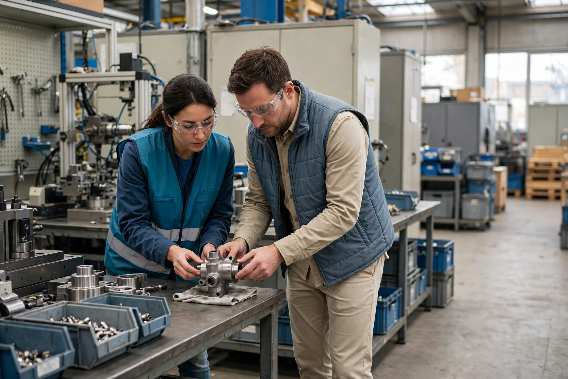 A man and a woman in safety glasses and work vests inspect a metal component on a table in a factory.
