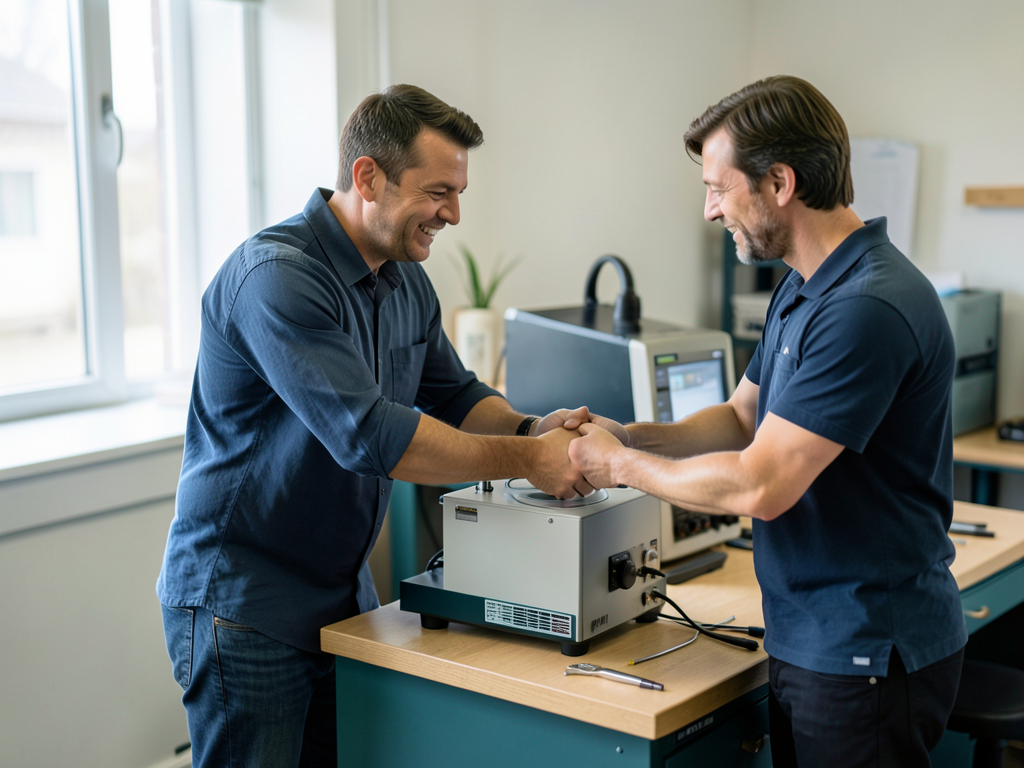 Two smiling men in a workshop shake hands over a piece of equipment on a counter.