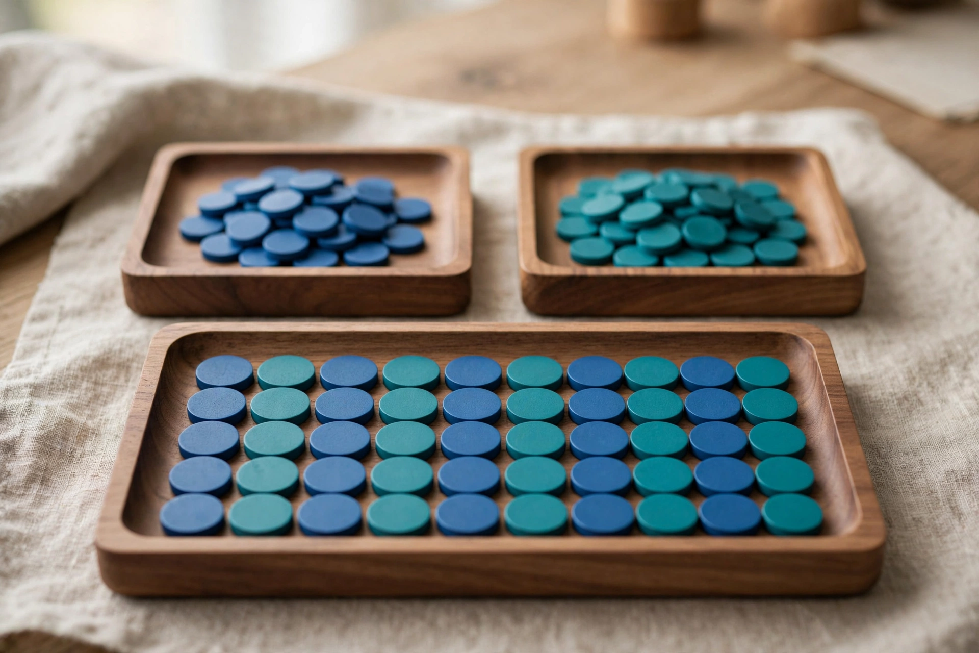 Three wooden trays with blue and teal tokens are arranged to show data consolidation.