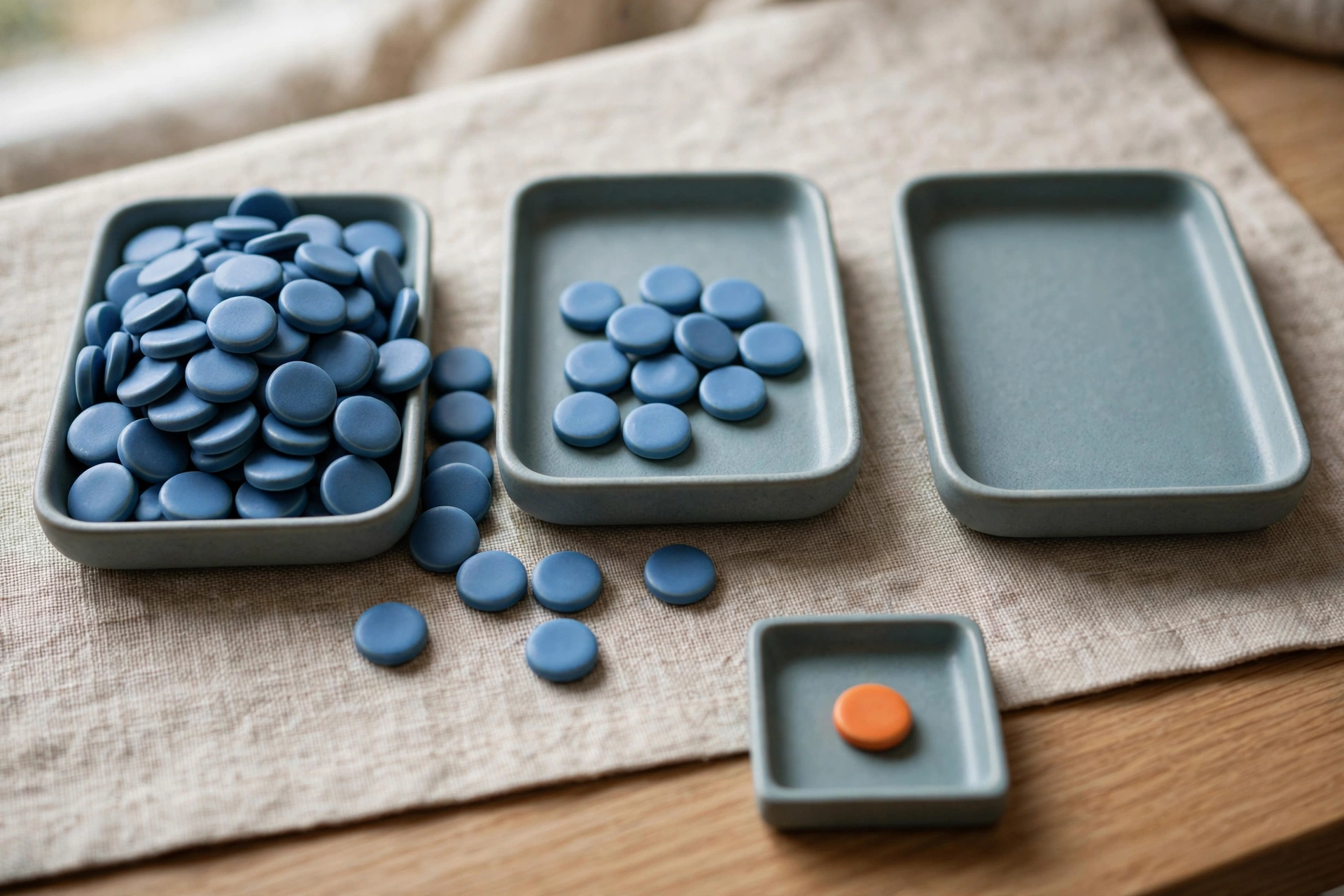 Three shallow trays hold blue tokens, with one tray empty, and a small tray holds a single orange token.